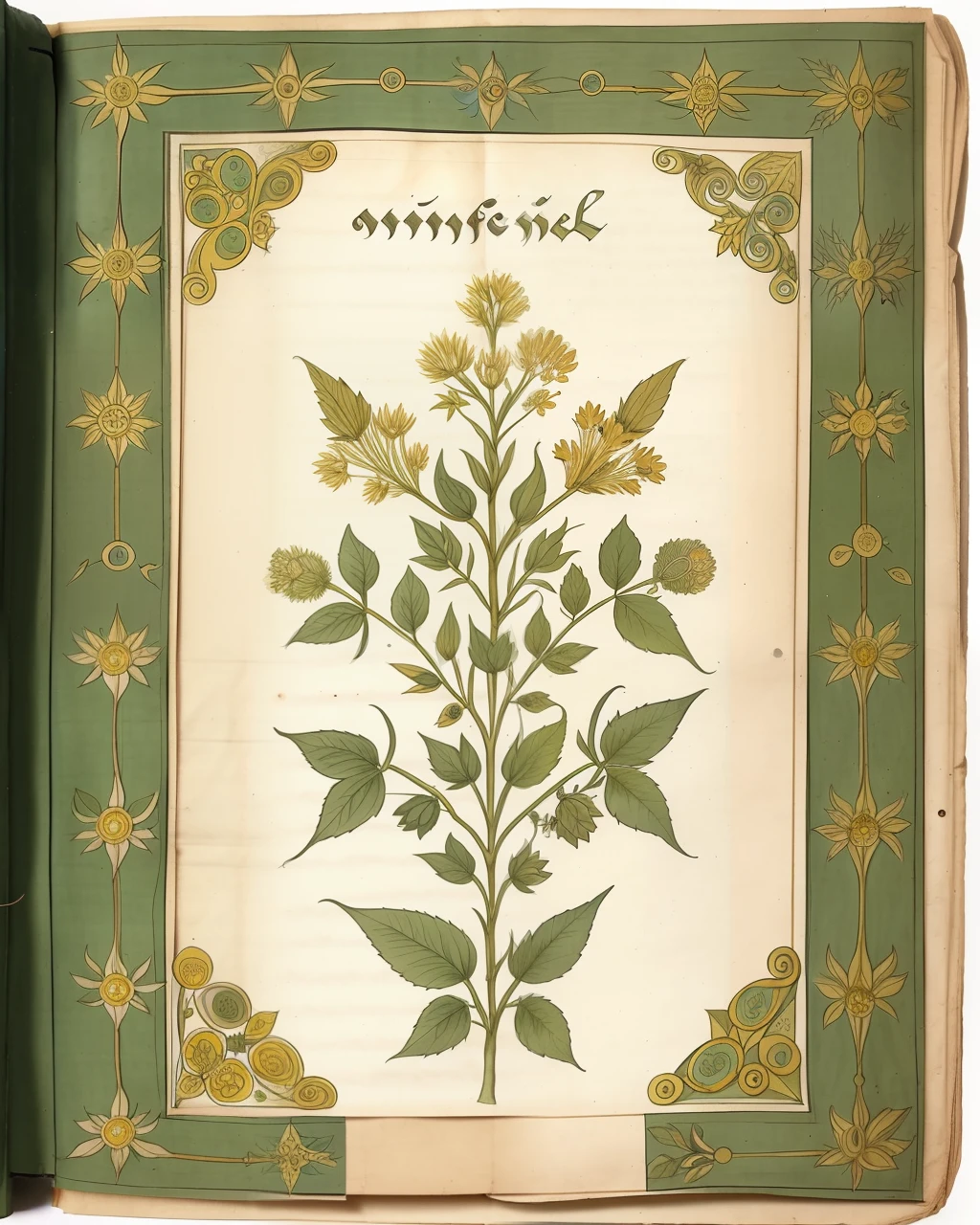 the front cover of an ancient medieval English herbal featuring one word in gold letters, green and silver and gold parchment, herbal illustrations, floral illustrations, view from above, centred, extremely high details, scruffy:1.5, rough:1.5, stained:1.5, bright natural colours:1.5
