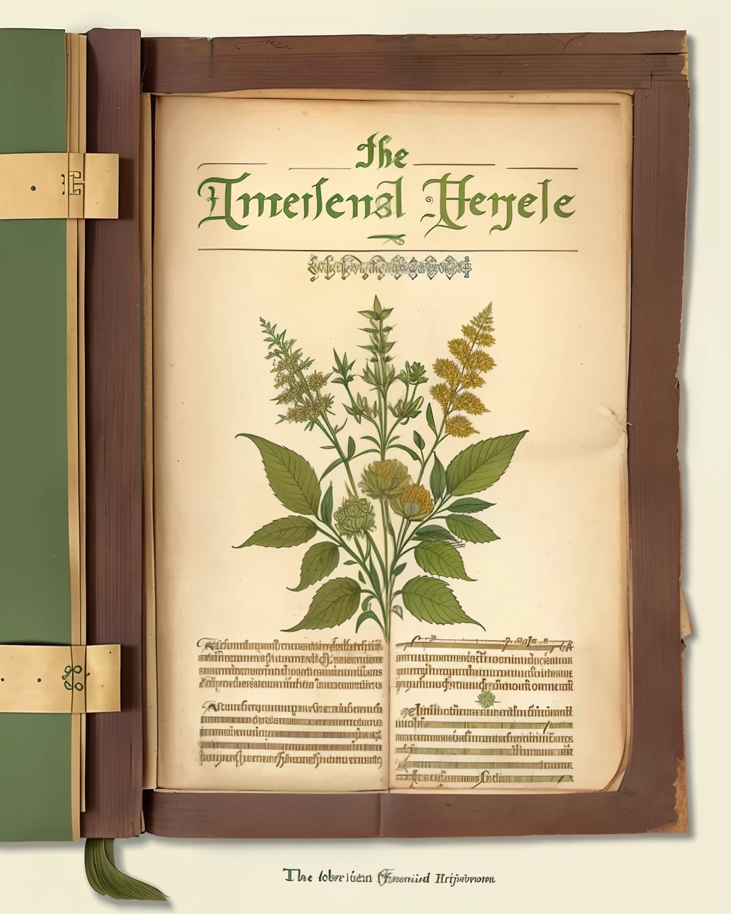 the front cover of an ancient medieval English herbal featuring one word in gold letters, green and silver and gold parchment, herbal illustrations, floral illustrations, view from above, centred, extremely high details, scruffy:1.5, rough:1.5, stained:1.5, bright natural colours:1.5