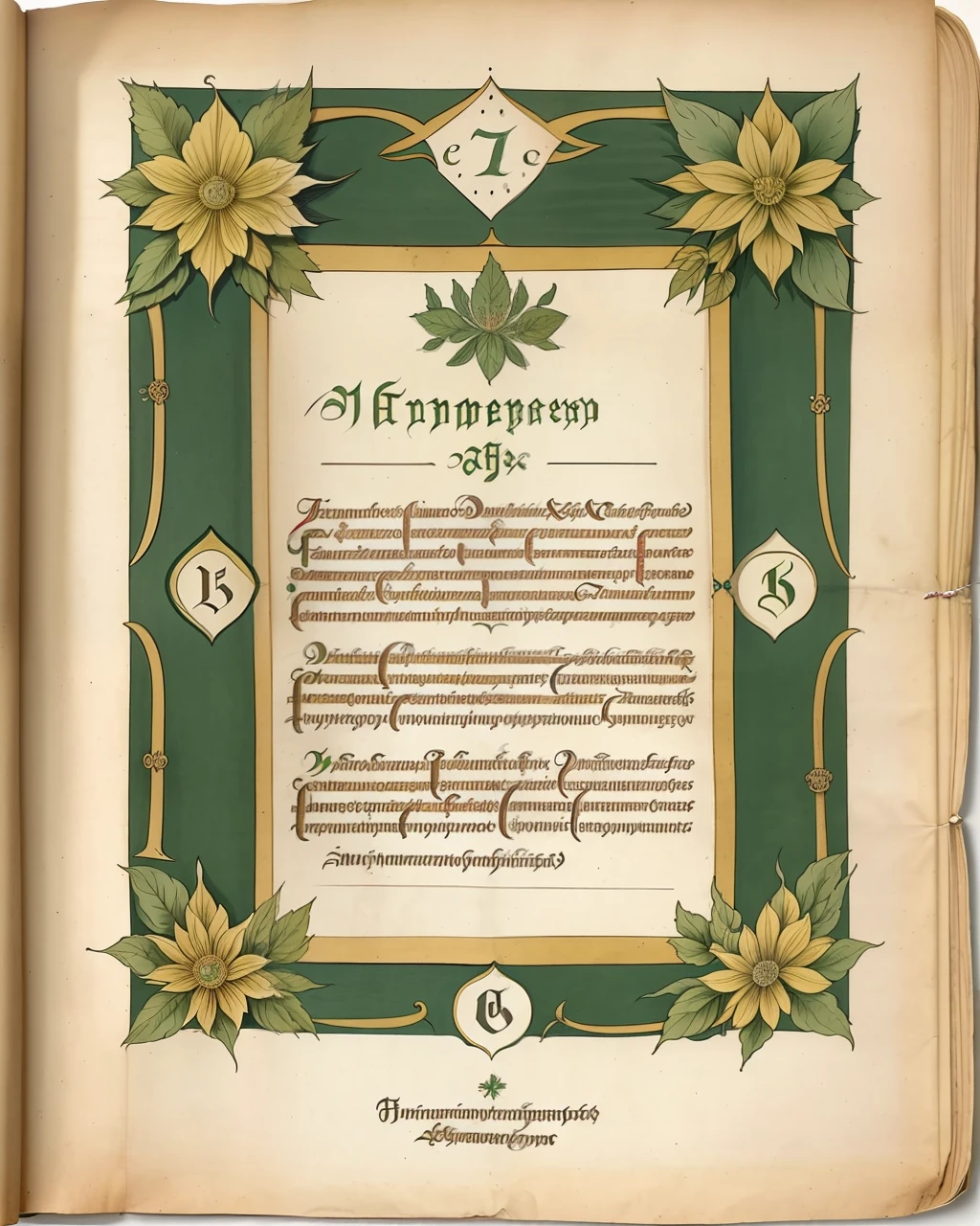 the front cover of an ancient medieval German herbal featuring one word in gold letters, green and silver and gold parchment, herbal illustrations, floral illustrations, view from above, centred, extremely high details, scruffy:1.5, rough:1.5, stained:1.5, bright natural colours:1.5
