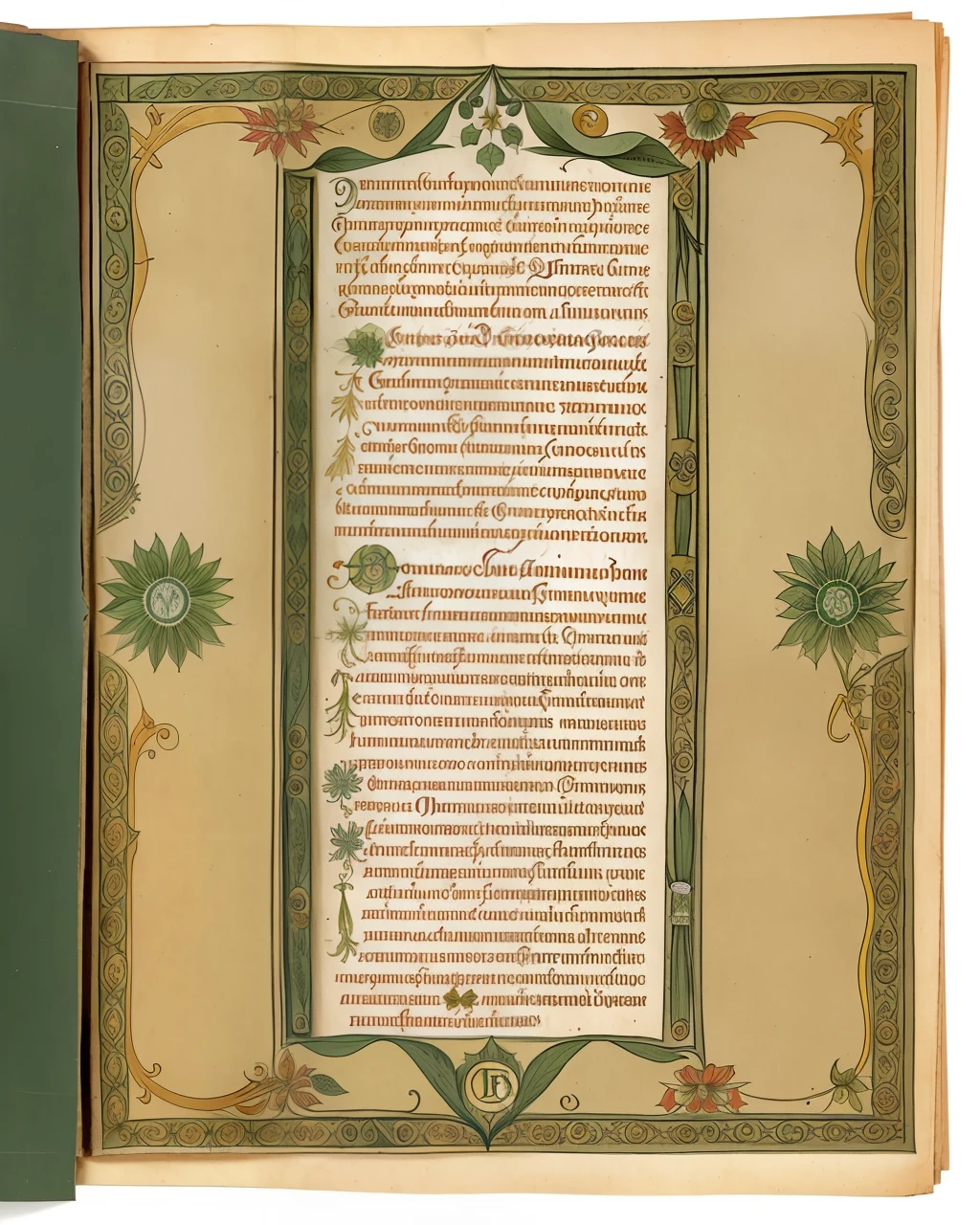 the front cover of an ancient medieval German herbal featuring one word in gold letters, green and silver and gold parchment, herbal illustrations, floral illustrations, view from above, centred, extremely high details, scruffy:1.5, rough:1.5, stained:1.5, bright natural colours:1.5