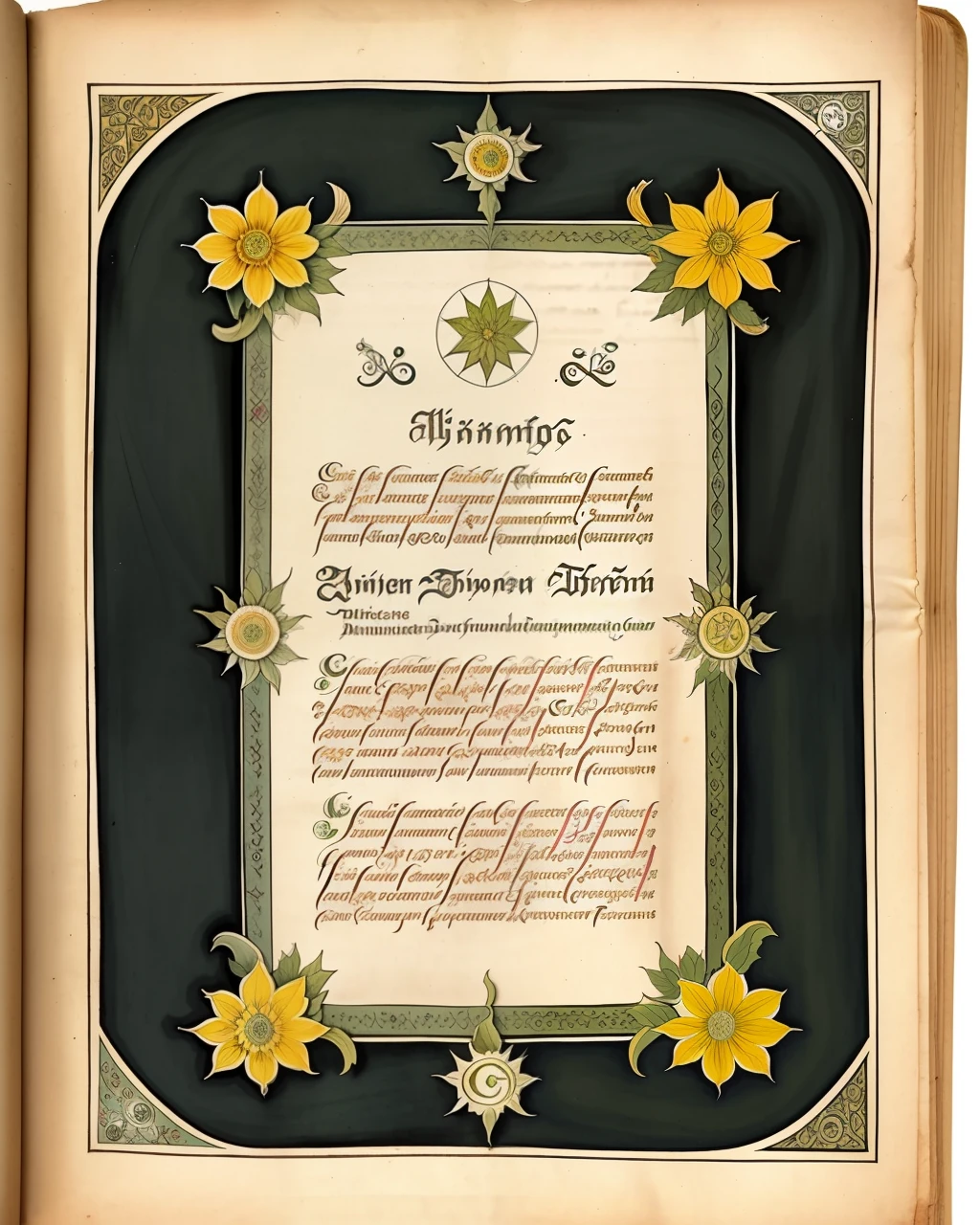 the front cover of an ancient medieval German herbal featuring one word in gold letters, green and silver and gold parchment, herbal illustrations, floral illustrations, text in black ink, view from above, centred, extremely high details, scruffy:1.5, rough:1.5, stained:1.5, bright natural colours:1.5
