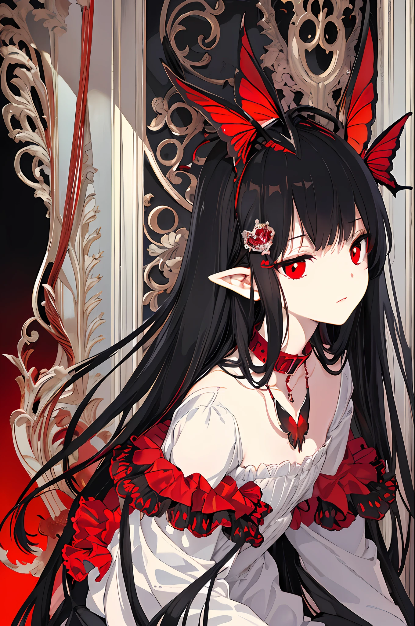 Expressionless,,(Dark Fantasy),((Wonderful Illustration)),(Detail Splash), long black hair, red pupils, girl, pure black dress, only the collar, cuffs and skirt are dark red, ears Pinned to the side is a red butterfly barrette, masterpiece, best quality, high quality, headpiece,, red and black crystal necklace, black knee socks