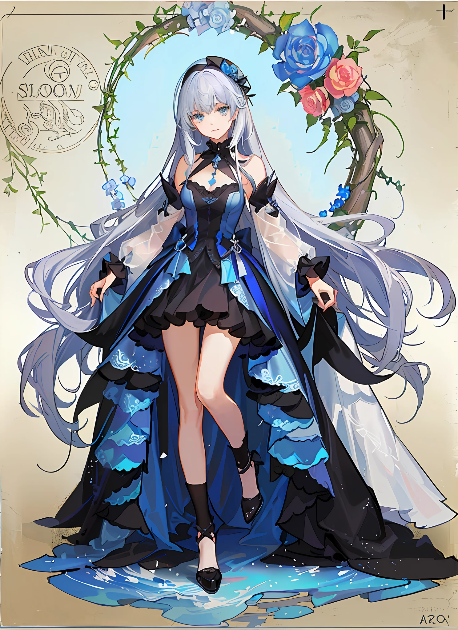 Face full of flowers, rococo art style, play of light and color, vibrant illustration, masterpiece, best quality, 1girl, morgan le fay (fate), solo, long hair, blue eyes, girl, silver long hair, Ice blue eyes, black and blue long dress, slightly gorgeous and rebellious, dark wind, full body, black knee socks, blue rose decoration