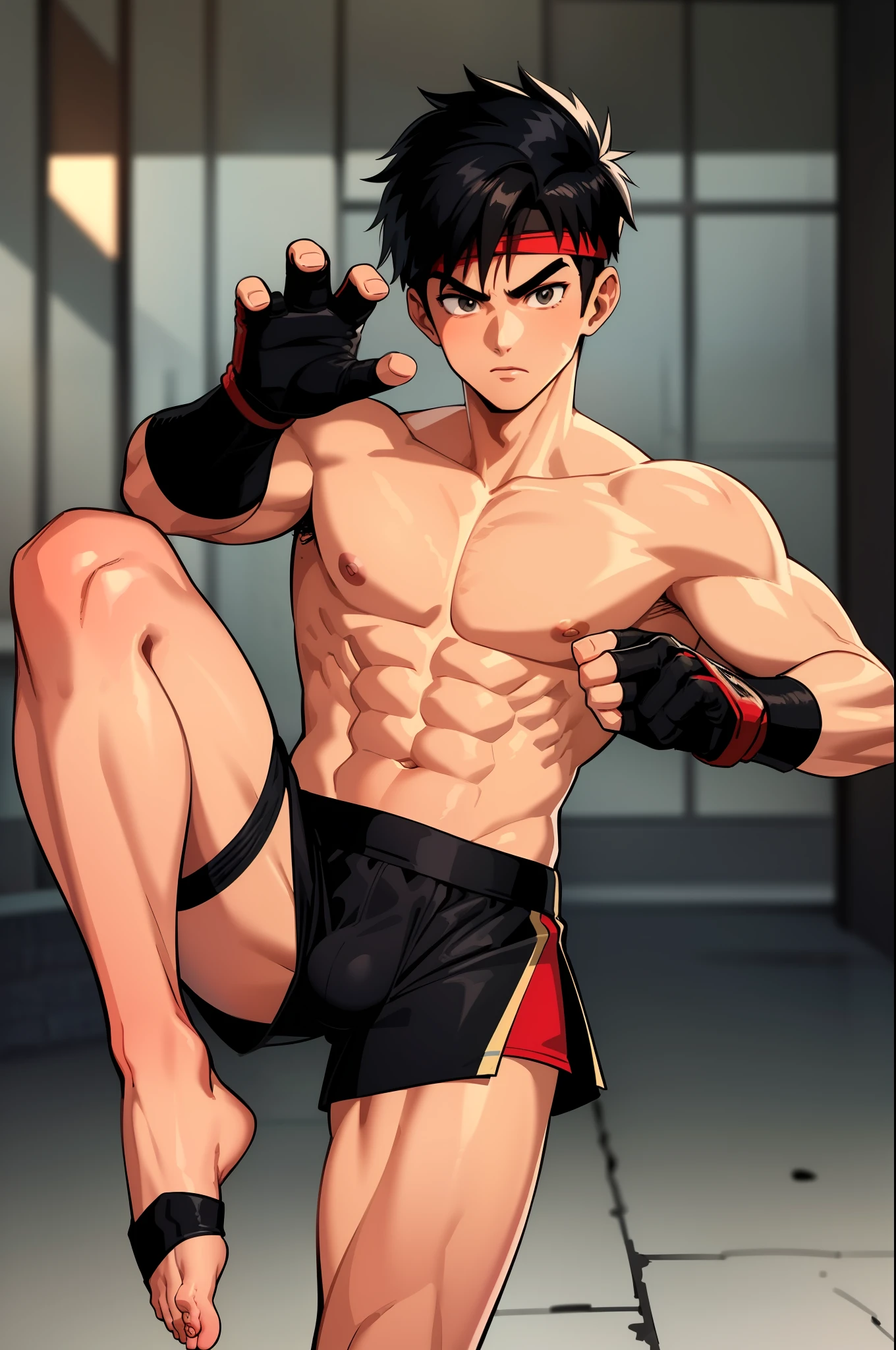 ((masterpiece)), (best quality), 1boy, ((masterpiece)), (best quality), (detailed), (1boy),1 muay thai kickboxer boy, spiky black hair, black eyes, tanned skin, lean body, handsome, shirtless, (black boxer shorts), muay thai headband, black fingerless gloves, fighting stance, on the streets, barefoot, 8k, detailed, ultra-detailed, absurdress