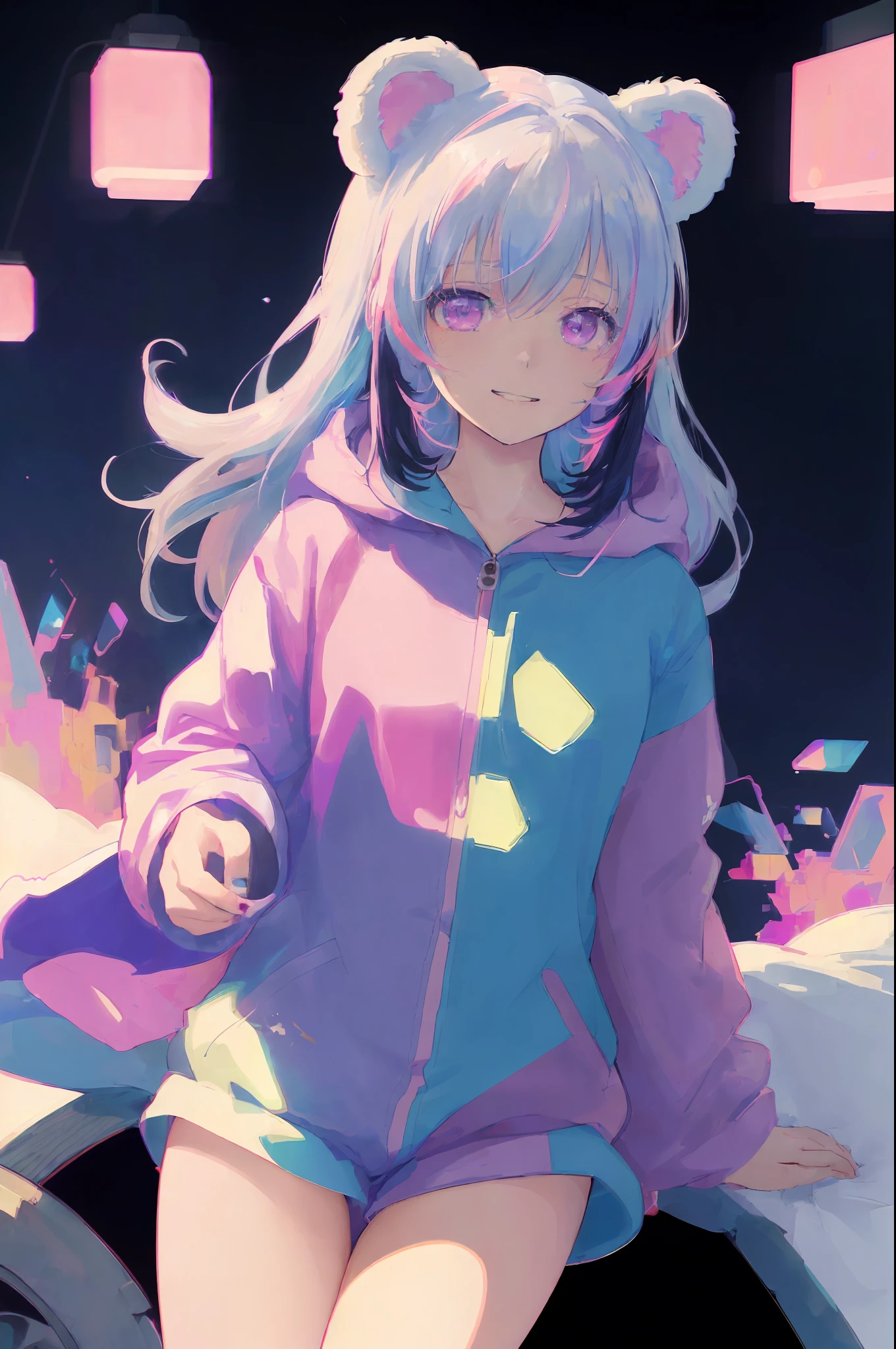 (art by yaguru magiku, (001glitch-core, dreamcore), 8sconception, alberto-mielgo, anime-background-style-v2, Super Quality, Vaporwave,Synth Wave,weirdcore, dreamy, full body
((a girl wearing an adorable bear ear hooded onesie pajamas to protect her from the cold. It's made with a bear face on the hood to show a sense of warmth, safety, and comfort. The girl's smile is warm and happy. It's the perfect onesie to wear in the winter time while watching a movie with a loved one with blankets and hot chocolate.))
Visual effects:movie lights, ,((masterpiece)),best quality,high resolution illustrations,particle effect,((very detailed CG)),((masterpiece))absurd,intricate details,((8k_wallpaper)),
[[red, blue, green, yellow, black, white, pink, purple, cowboy shot, ((((colorful)))), ink and wash painting, [white hair], delicate and beautiful girl, ((illustration)), ((floating hair)), ((chromatic aberration))]],1girl,