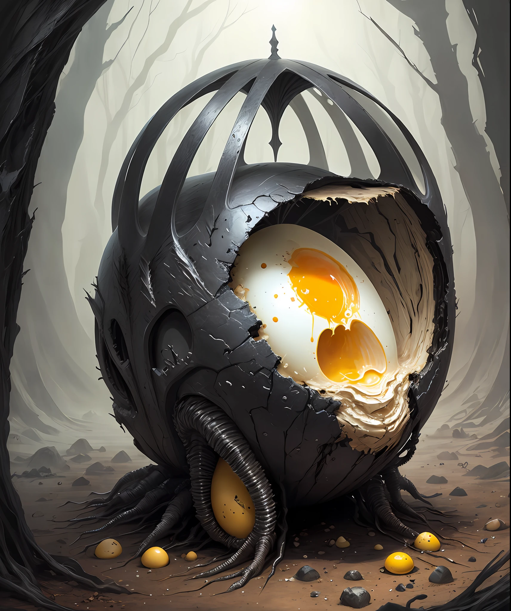 concept art of huddled cracked egg by giger
