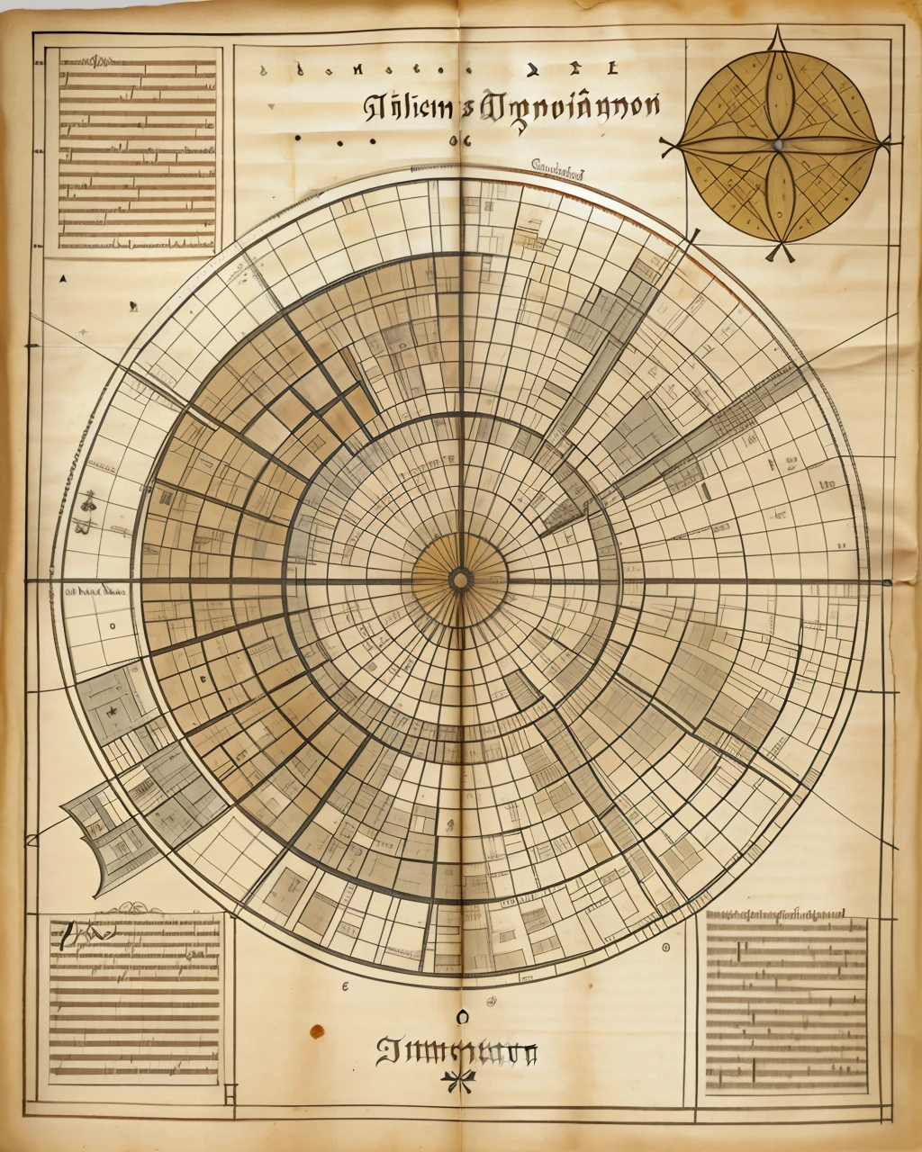 an ancient medieval German map of a city, amber and pale brown parchment, black text, view from above, centred, extremely high details, scruffy:1.5, rough:1.5, stained:1.5, bright natural colours:1.5