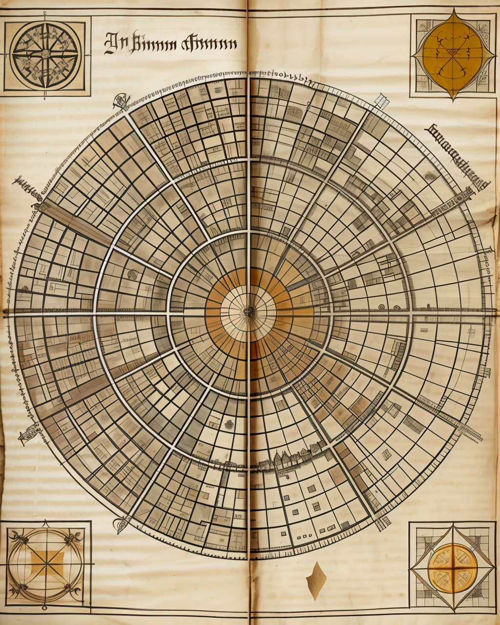 an ancient medieval German map of a city, amber and pale brown parchment, black text, view from above, centred, extremely high details, scruffy:1.5, rough:1.5, stained:1.5, bright natural colours:1.5