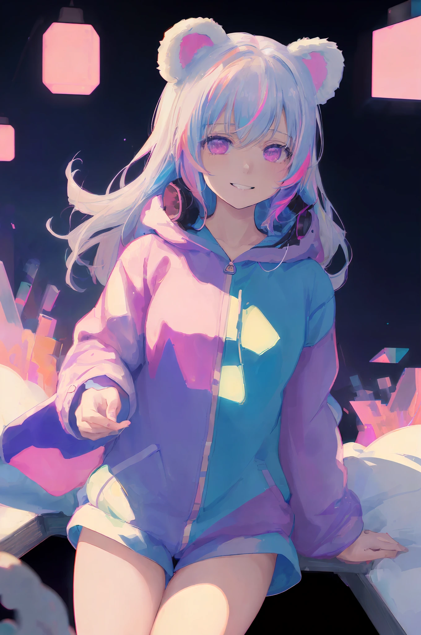 (art by yaguru magiku, (001glitch-core, dreamcore), 8sconception, alberto-mielgo, anime-background-style-v2, Super Quality, Vaporwave,Synth Wave,weirdcore, dreamy, full body
((a girl wearing an adorable bear ear hooded onesie pajamas to protect her from the cold. It's made with a bear face on the hood to show a sense of warmth, safety, and comfort. The girl's smile is warm and happy. It's the perfect onesie to wear in the winter time while watching a movie with a loved one with blankets and hot chocolate.))
Visual effects:movie lights, ,((masterpiece)),best quality,high resolution illustrations,particle effect,((very detailed CG)),((masterpiece))absurd,intricate details,((8k_wallpaper)),
[[red, blue, green, yellow, black, white, pink, purple, cowboy shot, ((((colorful)))), ink and wash painting, [white hair], delicate and beautiful girl, ((illustration)), ((floating hair)), ((chromatic aberration))]],1girl,