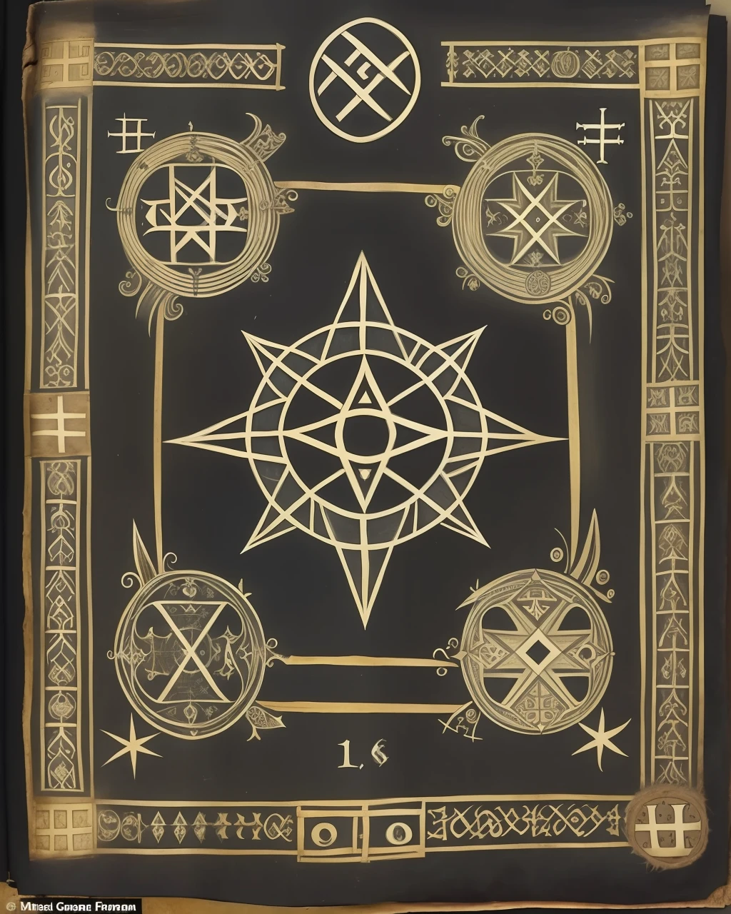 the front cover of an ancient medieval German codex, black and silver and gold parchment, occult symbols, view from above, centred, extremely high details, scruffy:1.5, rough:1.5, stained:1.5, muted natural colours:1.0