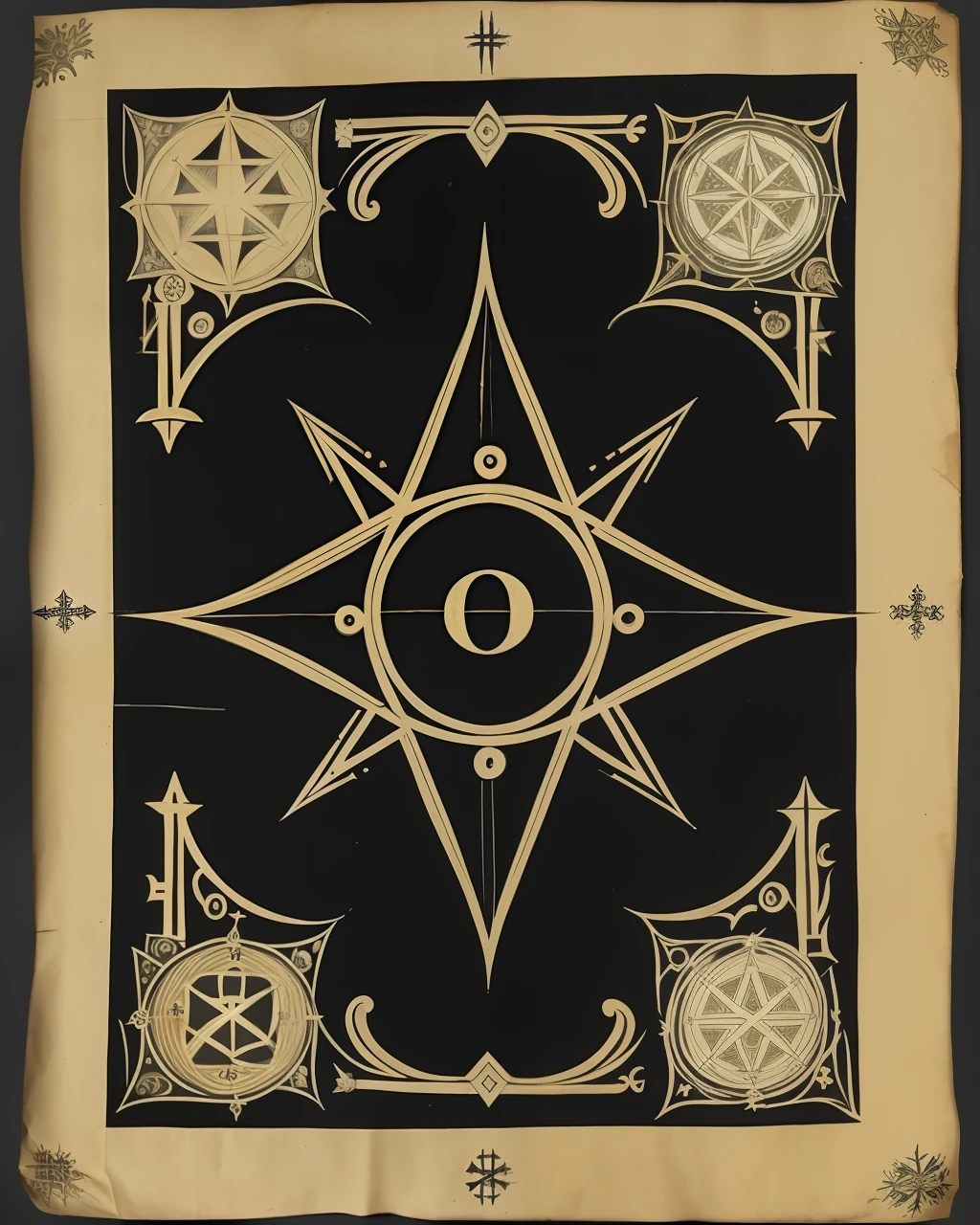 the front cover of an ancient medieval German codex, black and silver and gold parchment, occult symbols, view from above, centred, extremely high details, scruffy:1.5, rough:1.5, stained:1.5, muted natural colours:1.0