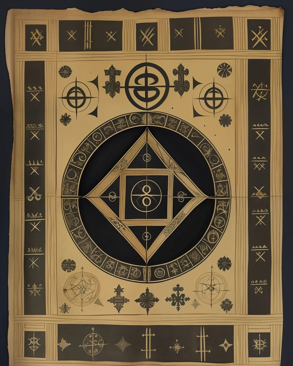 the front cover of an ancient medieval German codex, black and silver and gold parchment, occult symbols, view from above, centred, extremely high details, scruffy:1.5, rough:1.5, stained:1.5, muted natural colours:1.0