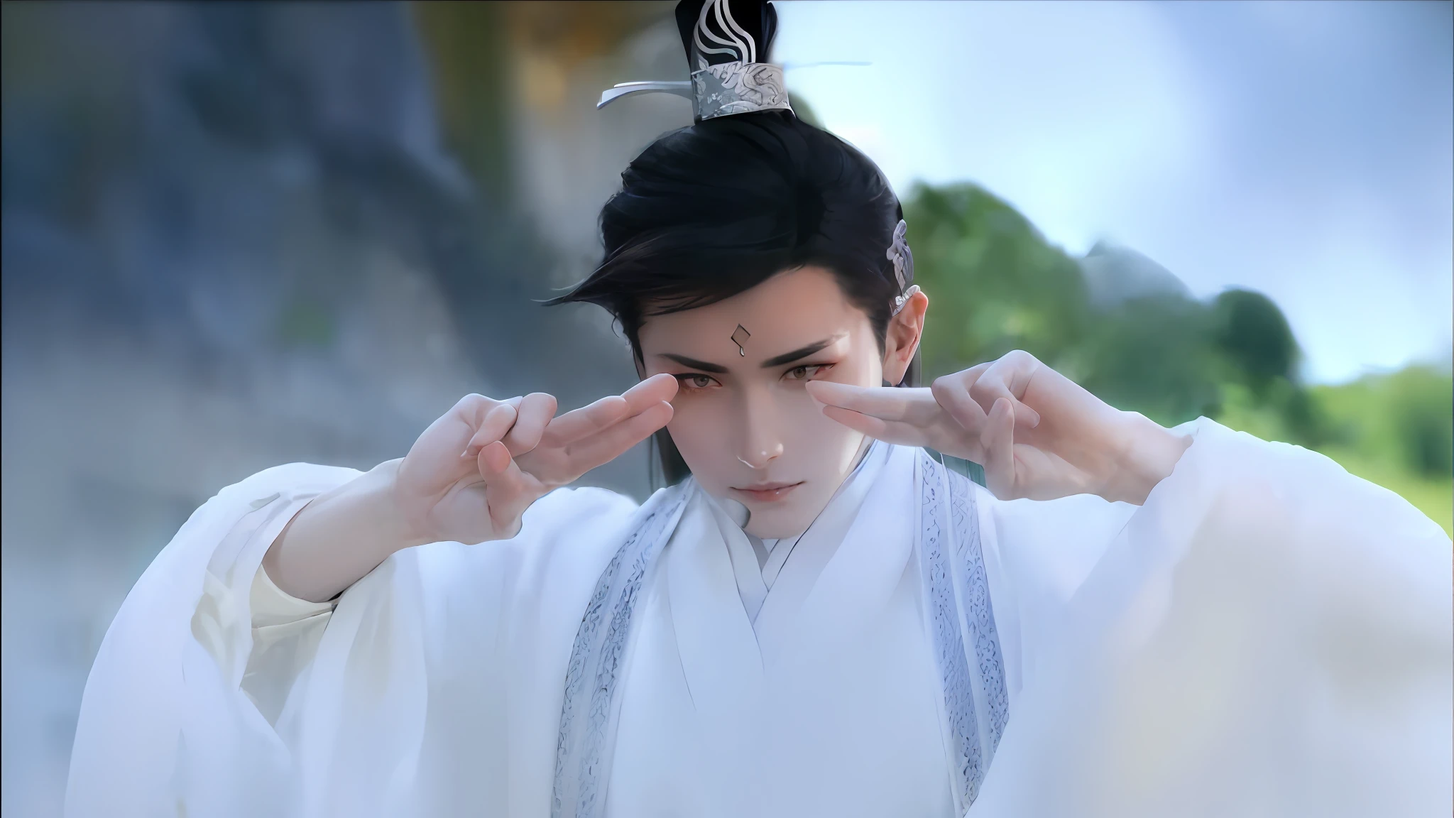 [Monochrome: Pastel Color: 0.6] Theme, (Masterpiece), (Best Quality), (Detail), Light Layer, Shiny Skin, (Complicated Details: 1.1), Black Hair, Long Hair, Black Eyes, Xianxia Hero, (male: 1.1), tragic