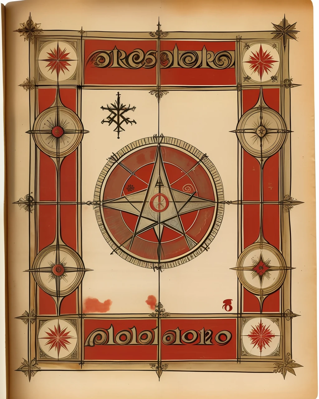 the front cover of an ancient medieval German codex, red and silver and gold parchment, occult symbols, view from above, centred, extremely high details, scruffy:1.5, rough:1.5, stained:1.5, muted natural colours:1.0