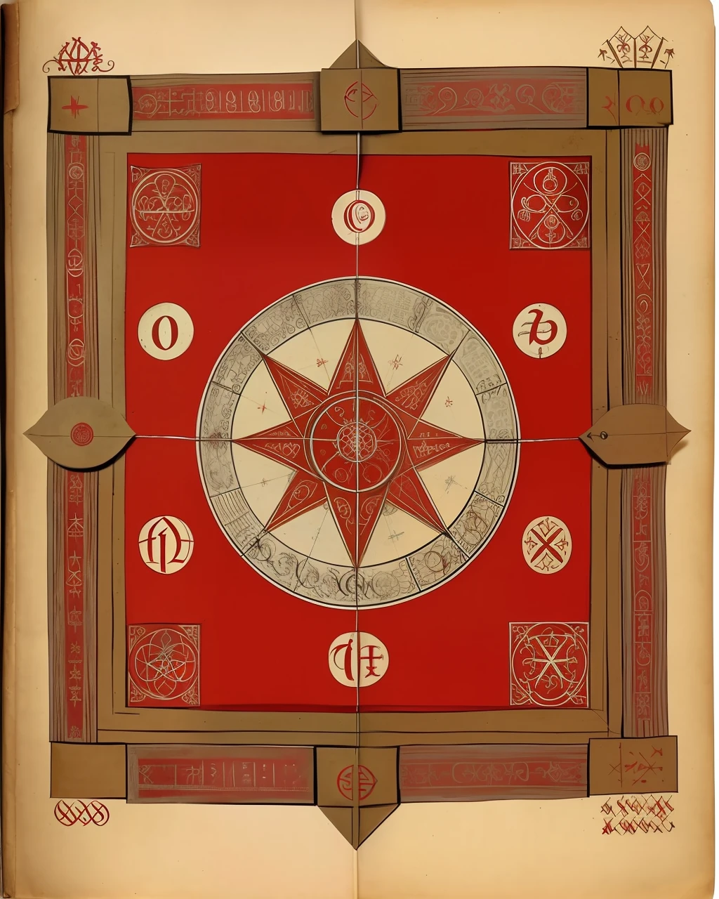 the front cover of an ancient medieval German codex, red and silver and gold parchment, occult symbols, view from above, centred, extremely high details, scruffy:1.5, rough:1.5, stained:1.5, muted natural colours:1.0