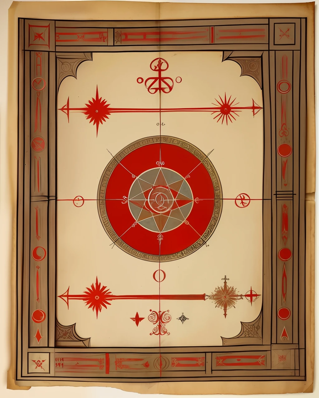 the front cover of an ancient medieval German codex, red and silver and gold parchment, occult symbols, view from above, centred, extremely high details, scruffy:1.5, rough:1.5, stained:1.5, muted natural colours:1.0