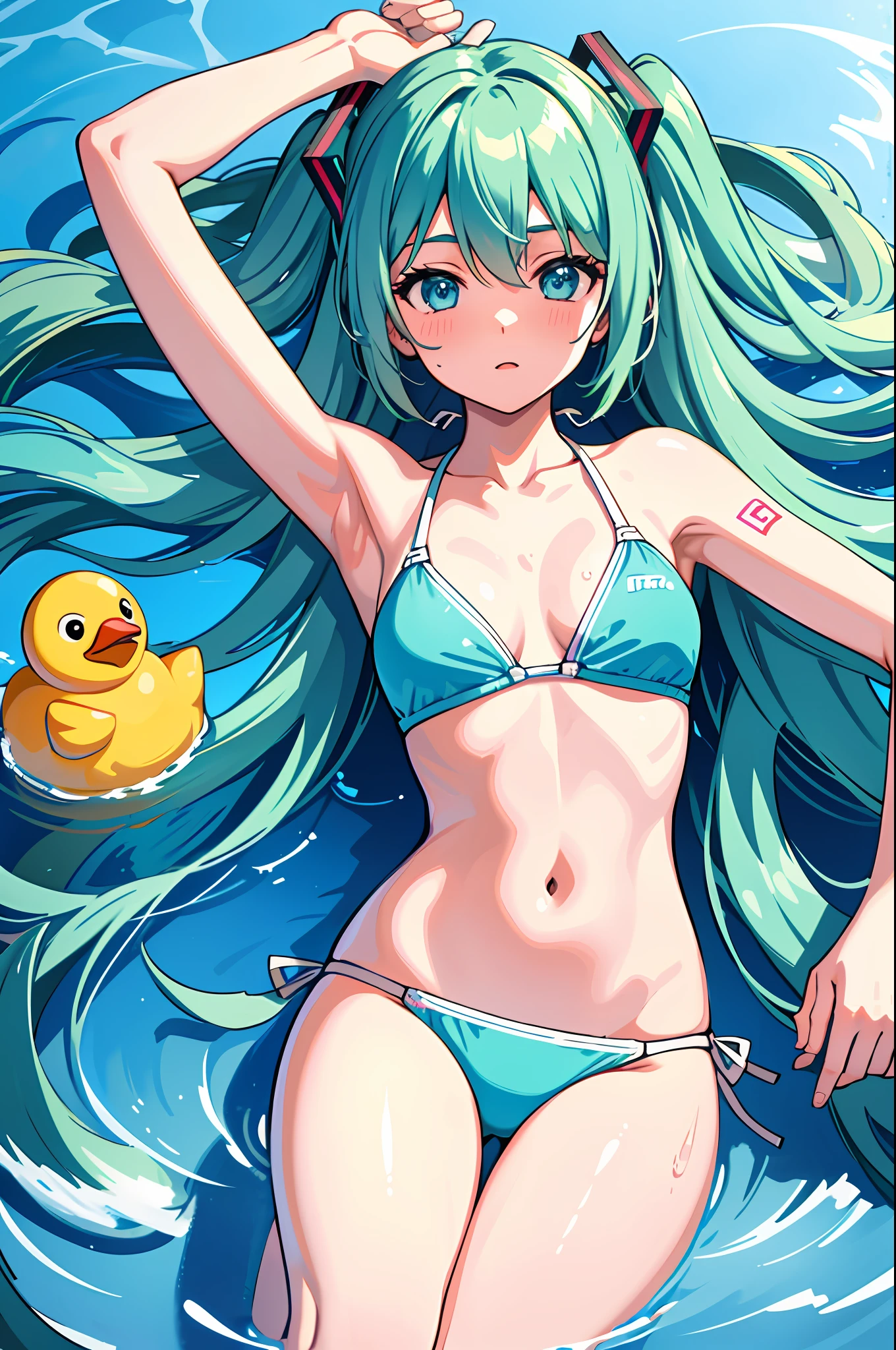 best quality, high resolution, distinct image, 1girl, hatsune miku, mini bikini, armpits, pool, wet, rubber duck
