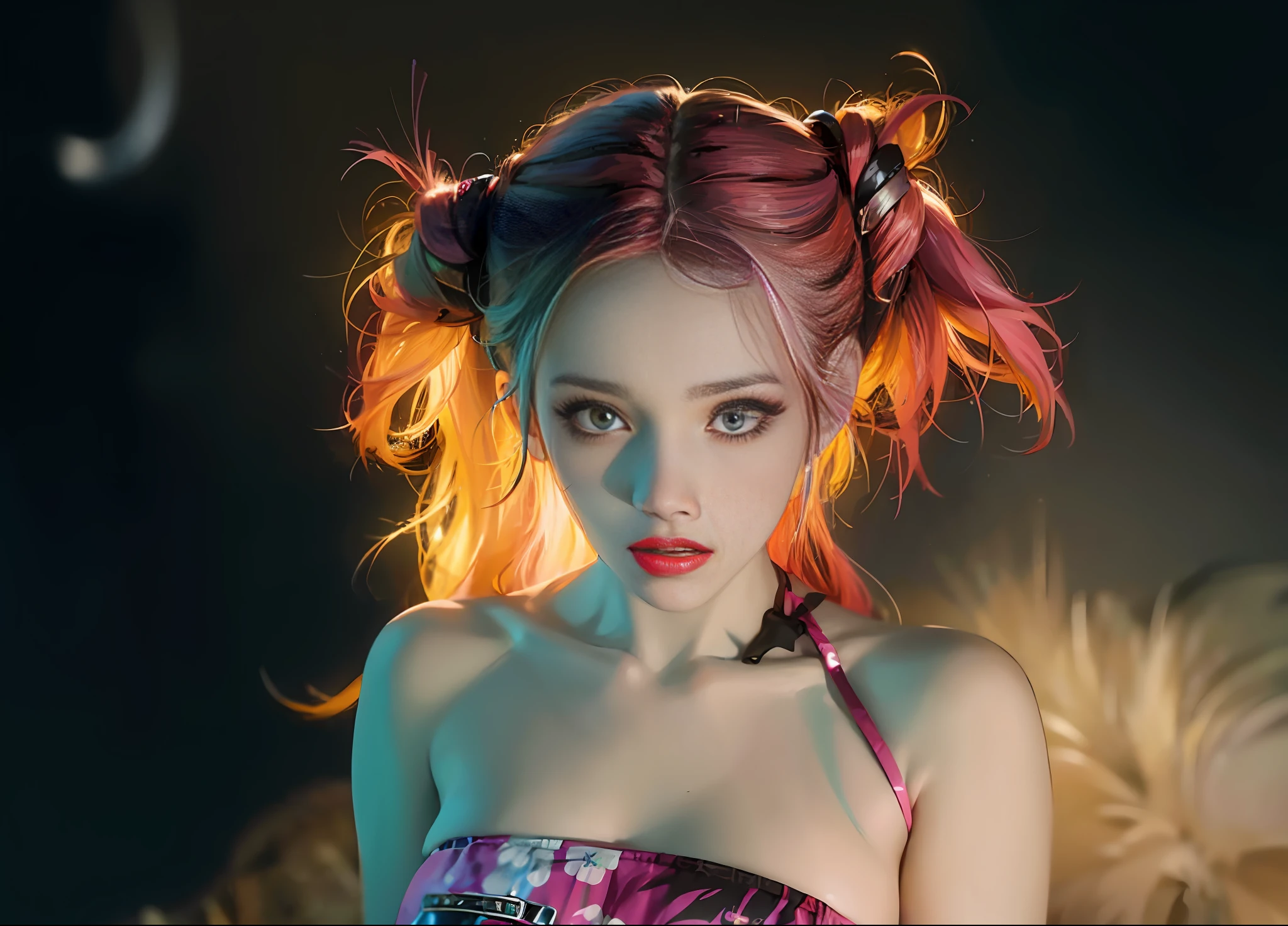 a close up of a woman with a colorful hair and a dress, colorful pigtail, she looks like a mix of grimes, roseanne park of blackpink, jossi of blackpink, looks like a mix of grimes, pigtails hairstyle, looks a blend of grimes, portrait of jossi of blackpink, sha xi, sun yunjoo, resembling a mix of grimes