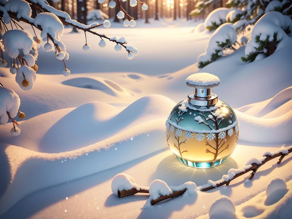 Product photography of a perfume bottle under fir branches, snow, realistic, light background, realistic rendering --v 6