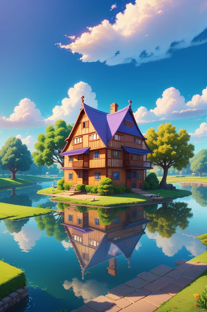 Cute, 3D, Casual, Game Background, Village, River, Blue and Purple Background, Artist, Masterpiece, Superlative, Pixar Style, Simple Design, Tree, Road, Building, Cloud, Bright, Pastel, Colorful, Natural, World, 2-headed person Residents, House, Toy Story, Art, Korea