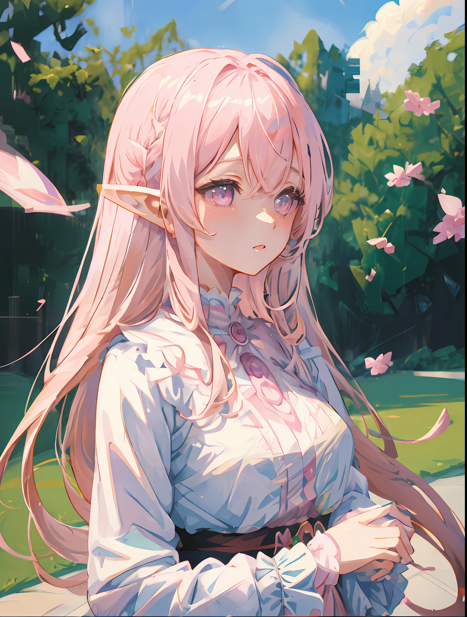 anime girl with pink hair and pink eyes standing in front of a park, elf girl wearing an flower suit, elf girl, beautiful anime portrait, anime visual of a cute girl, detailed digital anime art, anime girl with long hair, cute anime girl portraits, anime in fantasy style, beautiful anime art style, beautiful anime girl, anime style portrait, cute anime girl portrait