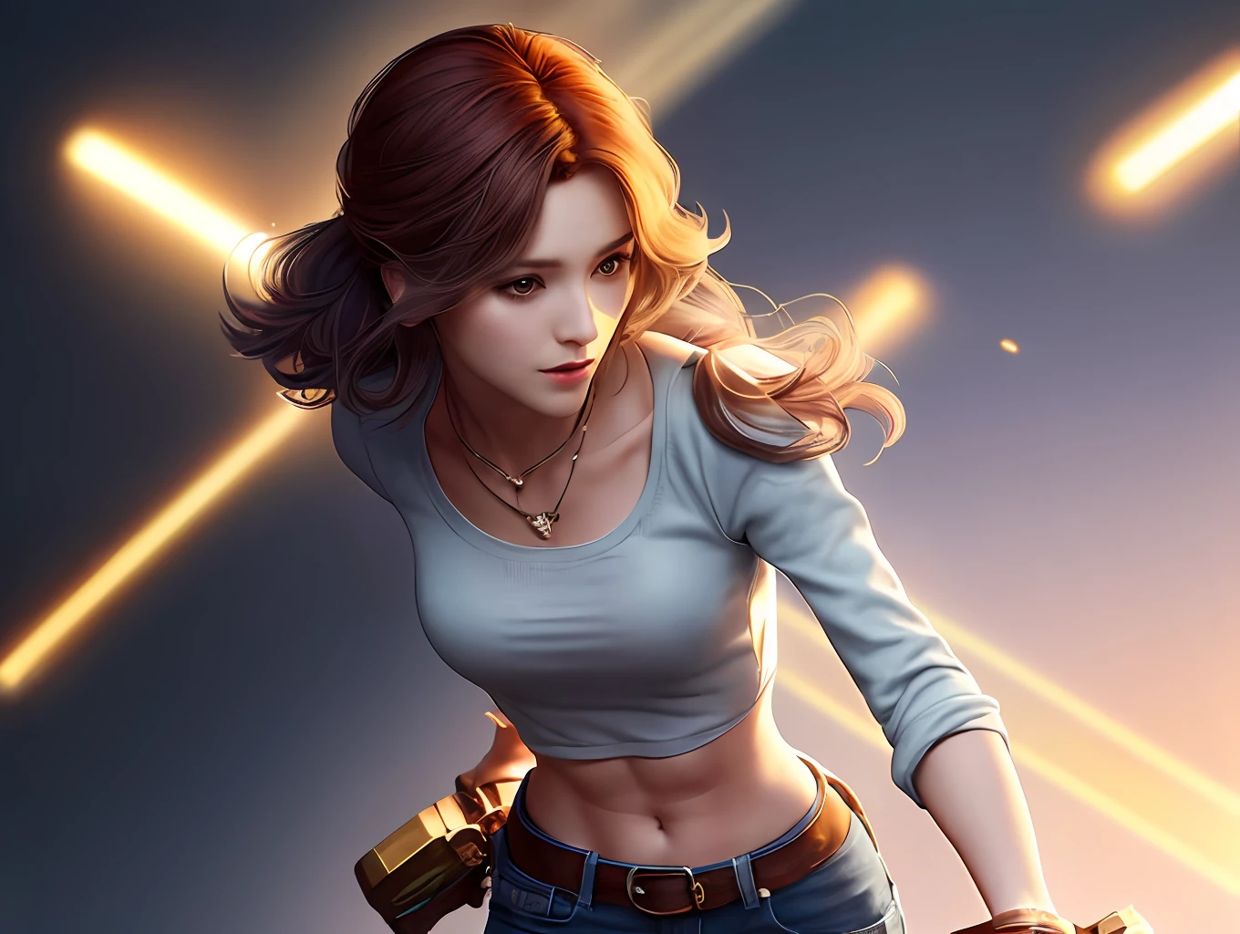 ((medium breasts, tomboy, small head)), (perfect body: 1.1), (short wavy hair: 1.2), auburn, collar, chain, full body shot, crowded city, black tank top , jeans jacket, (shorts), (extremely detailed CG 8K wallpaper), (extremely delicate and beautiful), (masterpiece), (best quality): 1.0), (super high resolution: 1.0), beautiful lighting, perfect Lightning bolts, realistic shadows, [high resolution], detailed skins, ultra-detailed ((colorful))
