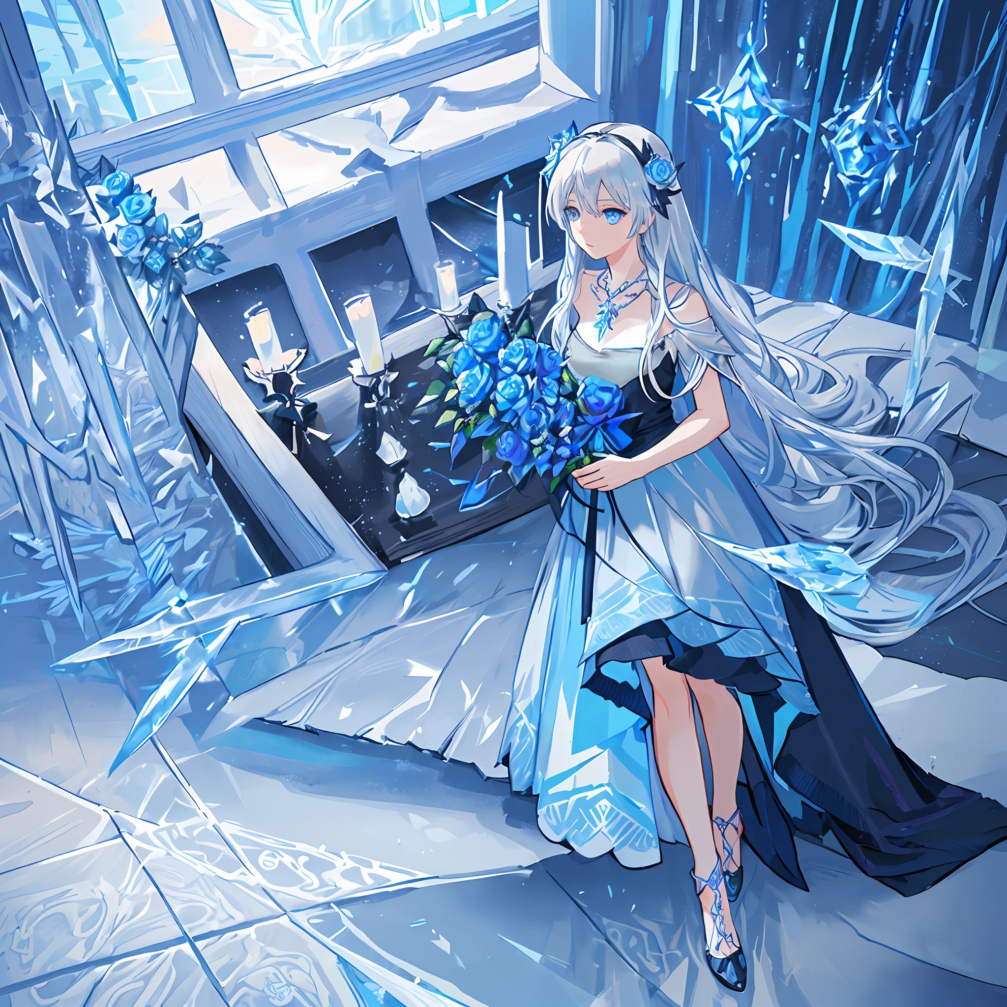 Interweaving of light and color, vibrant illustration, masterpiece, best quality, long hair, blue eyes, girl, silver long hair, ice blue eyes, black and blue dress, slightly gorgeous and rebellious, full body , blue rose flower hair accessory, blue rose flower pattern, crystal necklace, scenic lake, calm lake, frozen, frozen, fantasy