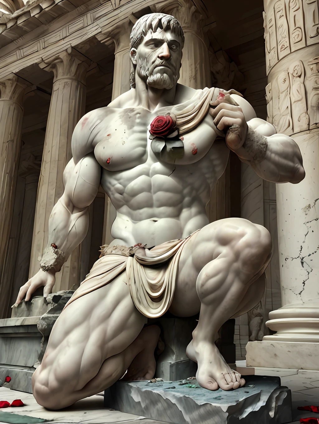 A hyper-realistic statue of a muscular Roman man holding a petrified, rotting rose, very old, ancient dust, and his facial expressions betray deep sadness and overthinking.  Against the background of Roman columns, petrified birds, flowers on the ground withered and rotting, the colors are muted and faded, to emphasize the seriousness of the scene.