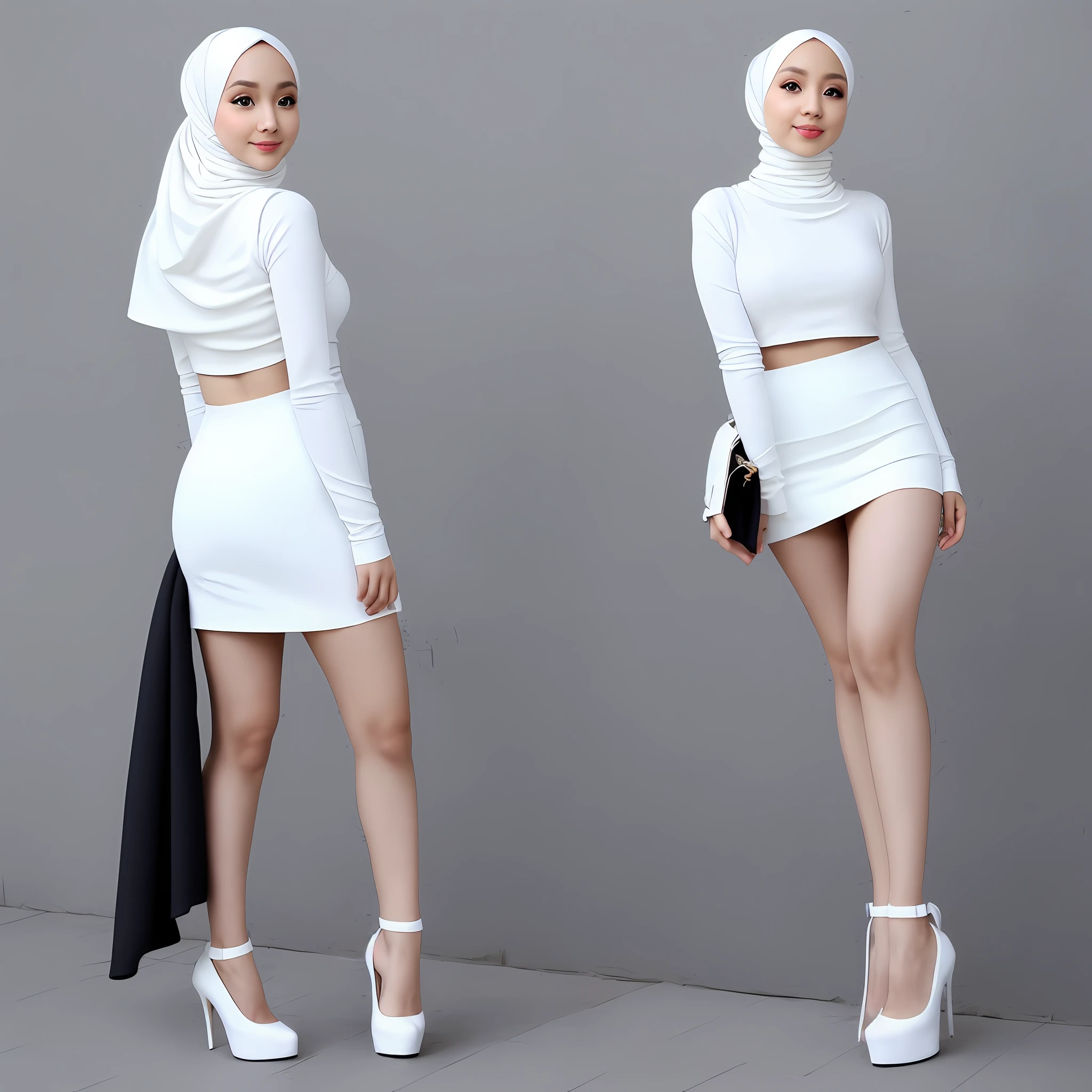 (hijab), (turtleneck), (mini skirt),(full body), (white skin), (high heels)