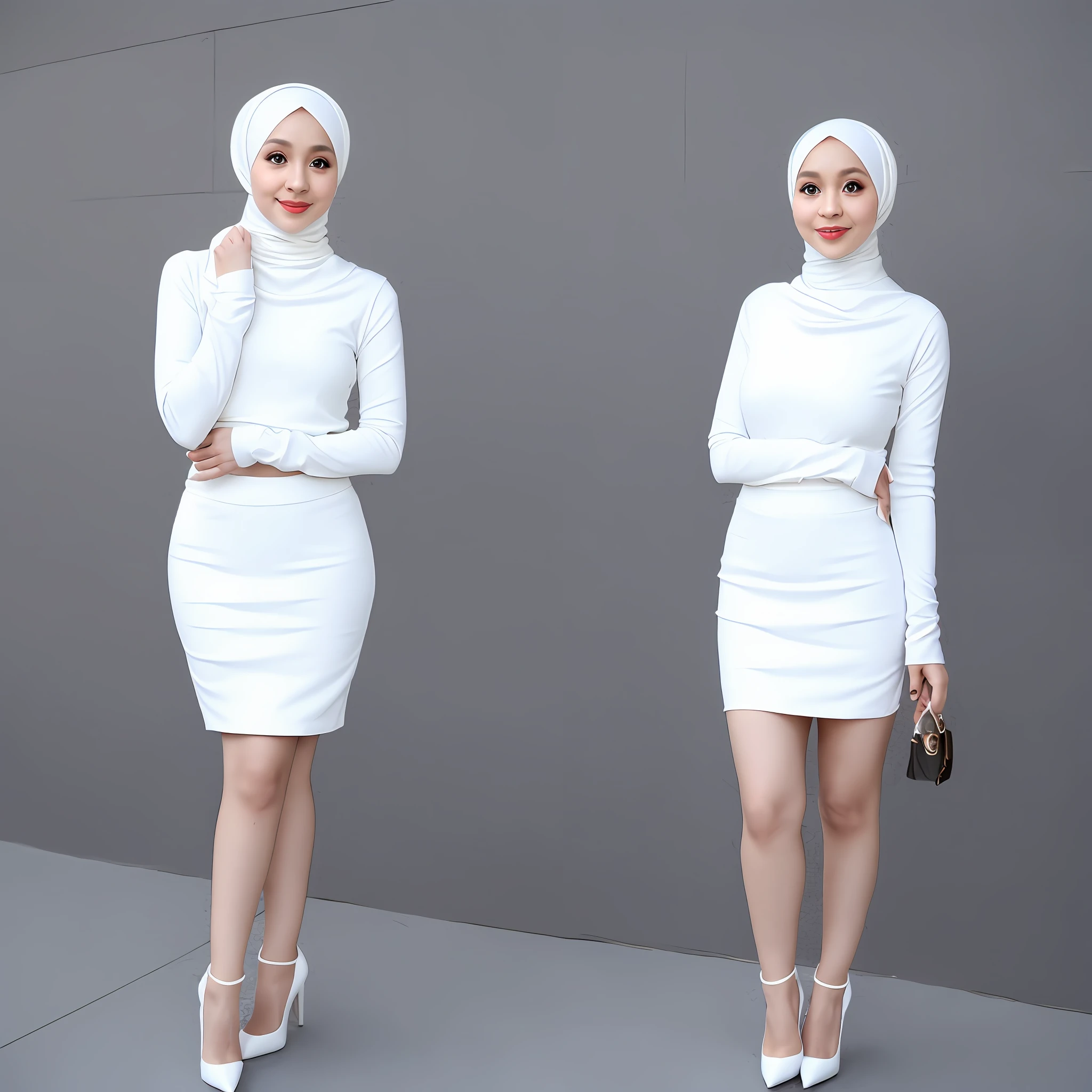 (hijab), (turtleneck), (mini skirt),(full body), (white skin), (high heels)