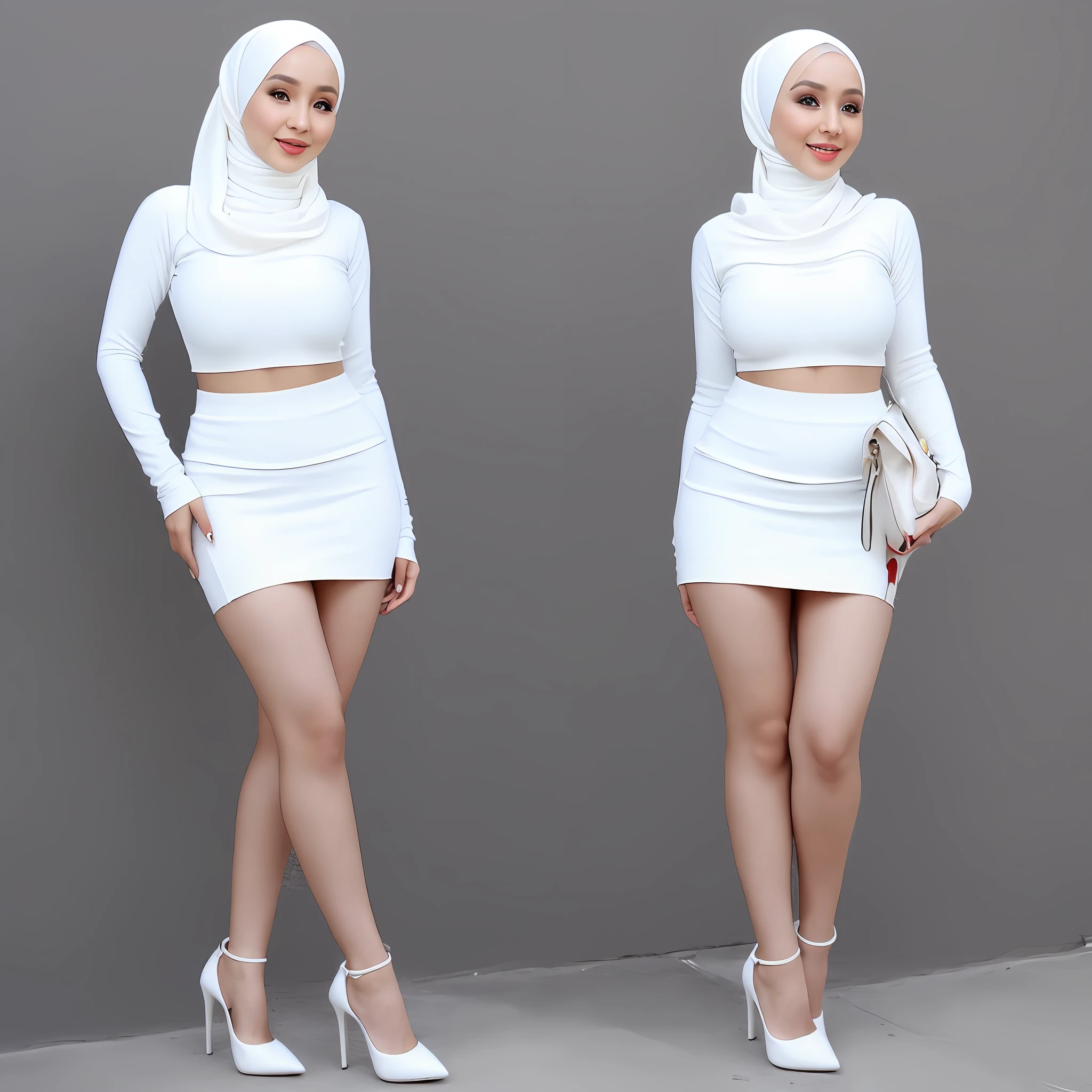 (hijab), (turtleneck), (mini skirt),(full body), (white skin), (high heels), (underboobs)