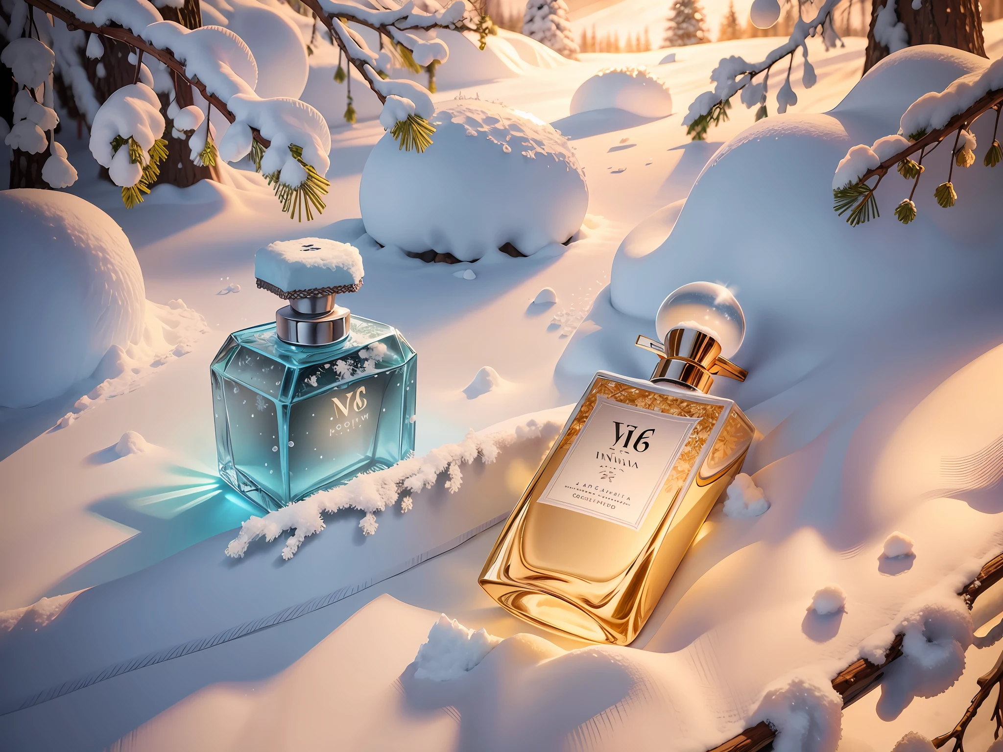 Product photography of a perfume bottle under fir branches, snow, realistic, light background, realistic rendering --v 6