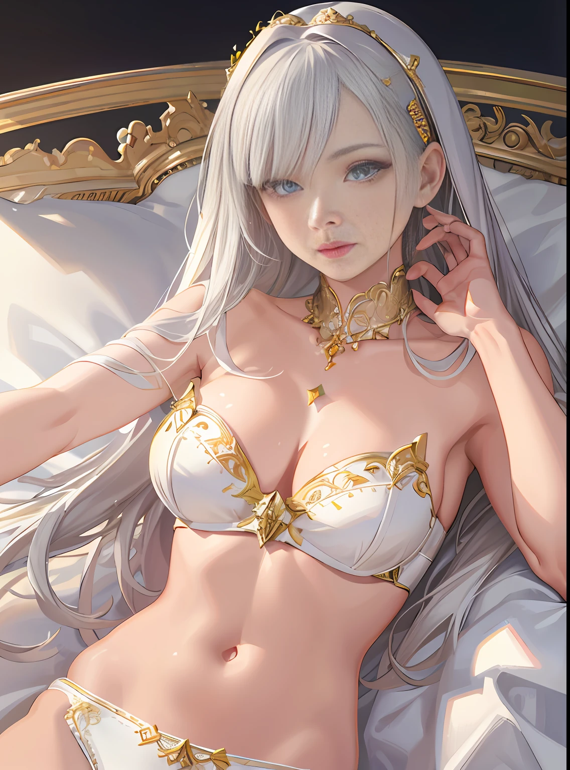 (masterpiece, best quality, highres, absurdres, detailed background, lighting on face, beautiful eyes, shiny hair),
1girl, fashionable clothing, fashion model, looking at viewer, floating, shining, single braid, long hair, hair over one eye, (hair ornament) , earpiece, long hair, ((panties)), white lace, upper body, white hair, large_breasts, action_pose, futuristic, white clothes, school uniform, hotel room, school bag, serafuku, spread legs, wide_angle, wide shot, modern_furniture, bedroom, standing, dutch angle, sit on bed, ikea,