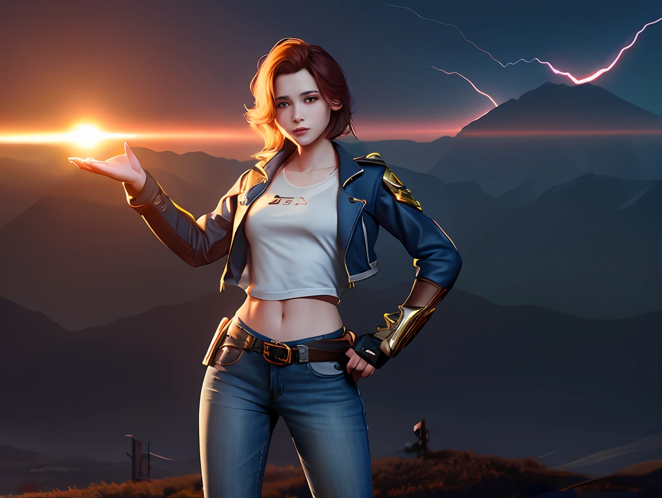 ((medium breasts, tomboy, small head)), (perfect body: 1.1), (short wavy hair: 1.2), auburn, collar, chain, full body shot, crowded city, black tank top , jeans jacket, (shorts), (extremely detailed CG 8K wallpaper), (extremely delicate and beautiful), (masterpiece), (best quality): 1.0), (super high resolution: 1.0), beautiful lighting, perfect Lightning bolts, realistic shadows, [high resolution], detailed skins, ultra-detailed ((colorful))