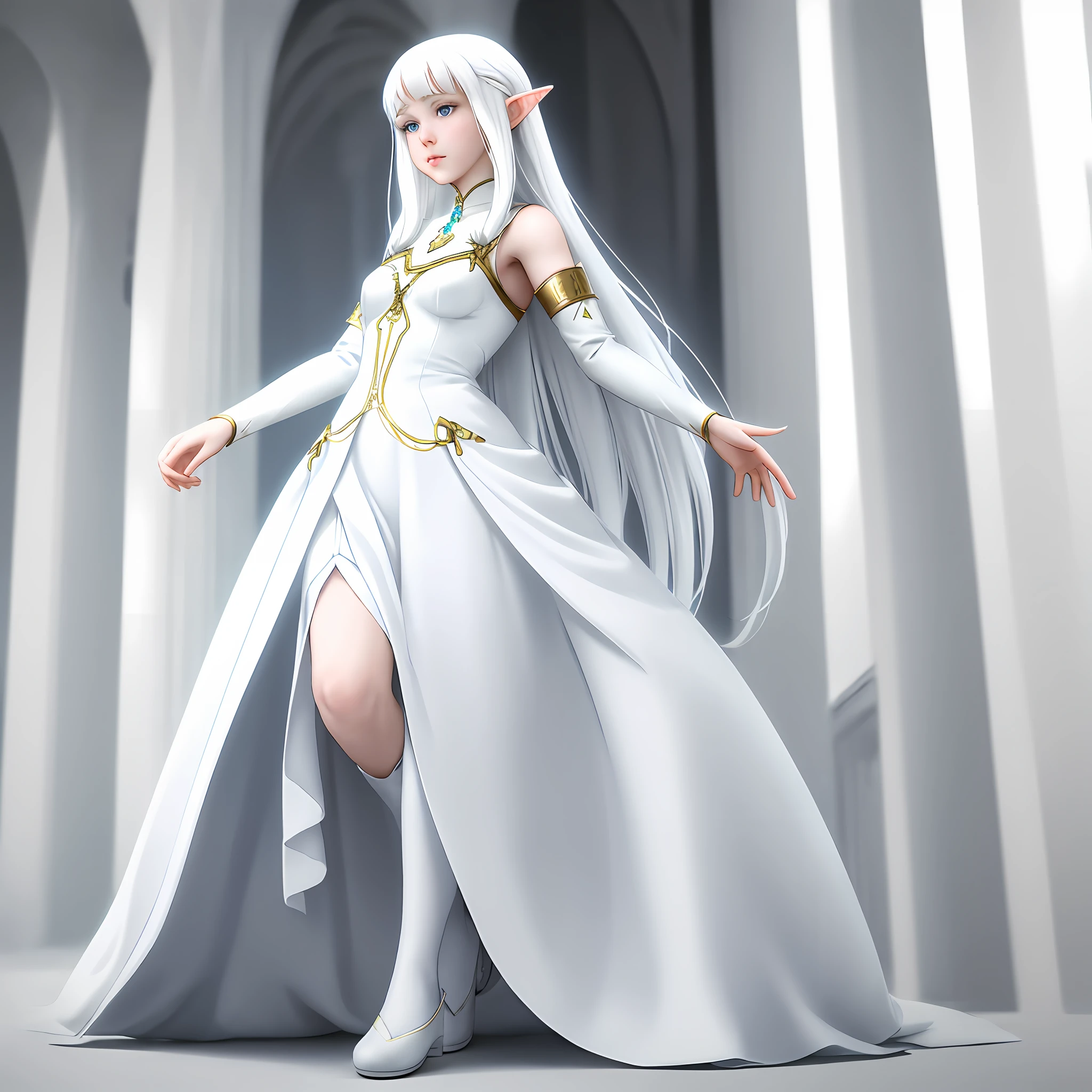 8k, best quality, realistic, elf girl full height, white long dress,  white long skirt, skinny, girl full height, blue eyes, girl stands, white fantasy dress, white skirt, full legs, in full growth, full body, white long dress, white shoes, white long hair, white hairstyle, long haircut, full body, fantasy style, white background, fantasy style, 5 fingers