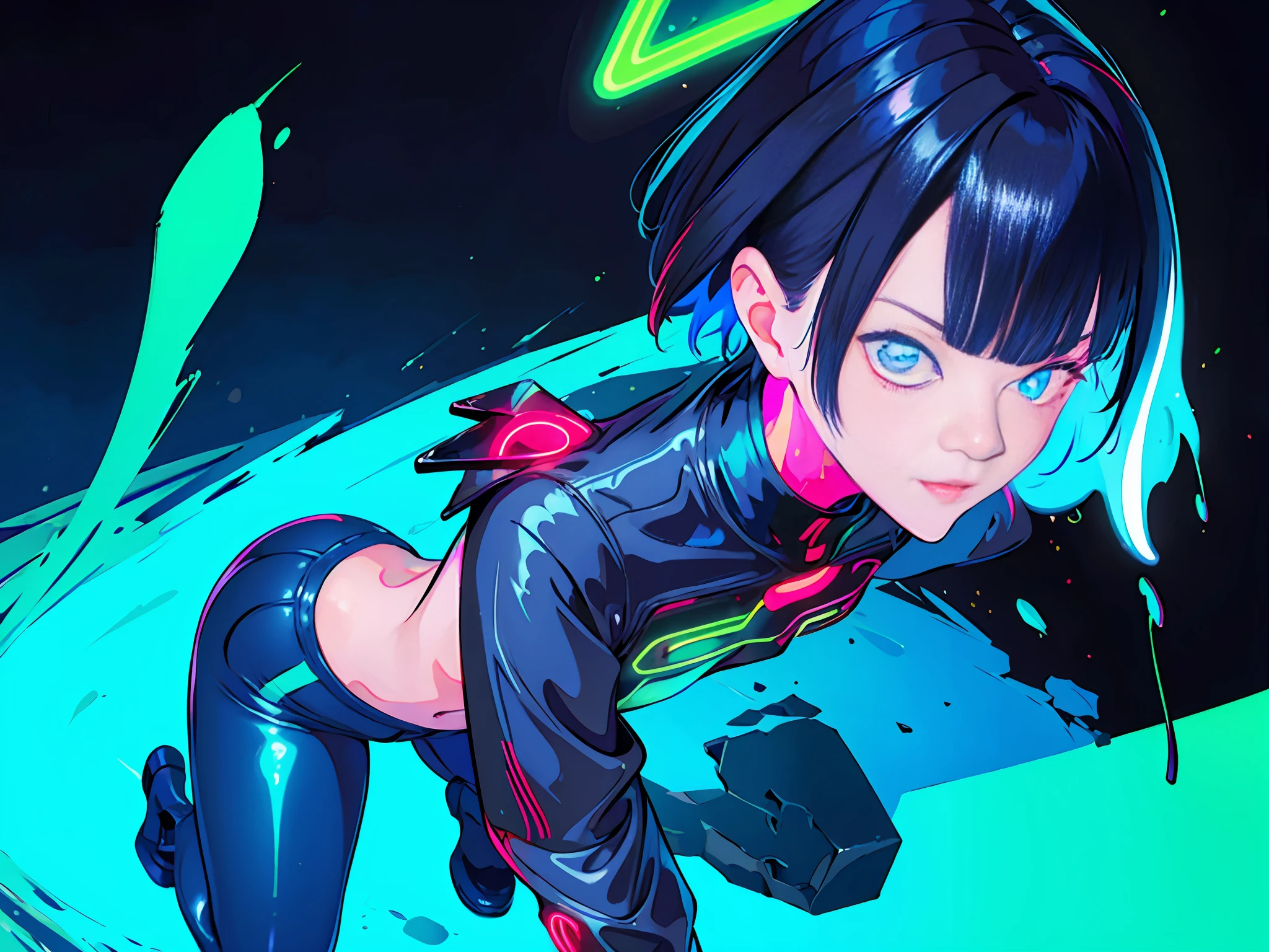 very dark navy background, intense angle, flat color, full body, graffiti, splash paint, 1girl, synth wave, cyan short hair, hot pants, detailed eyes, sharp pupils, realistic pupils, depth of field, bokeh, ((neon, glow:1.2))