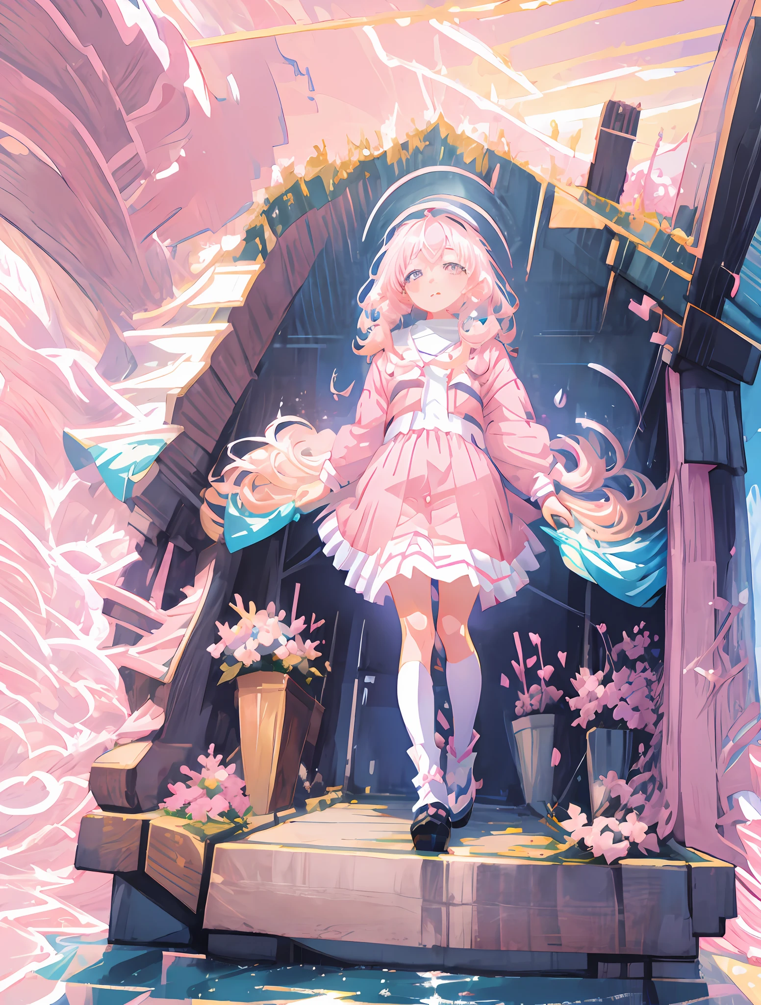anime girl with pink hair and pink eyes standing in front of a park, elf girl wearing an flower suit, elf girl, beautiful anime portrait, anime visual of a cute girl, detailed digital anime art, anime girl with long hair, cute anime girl portraits, anime in fantasy style, beautiful anime art style, beautiful anime girl, anime style portrait, cute anime girl portrait