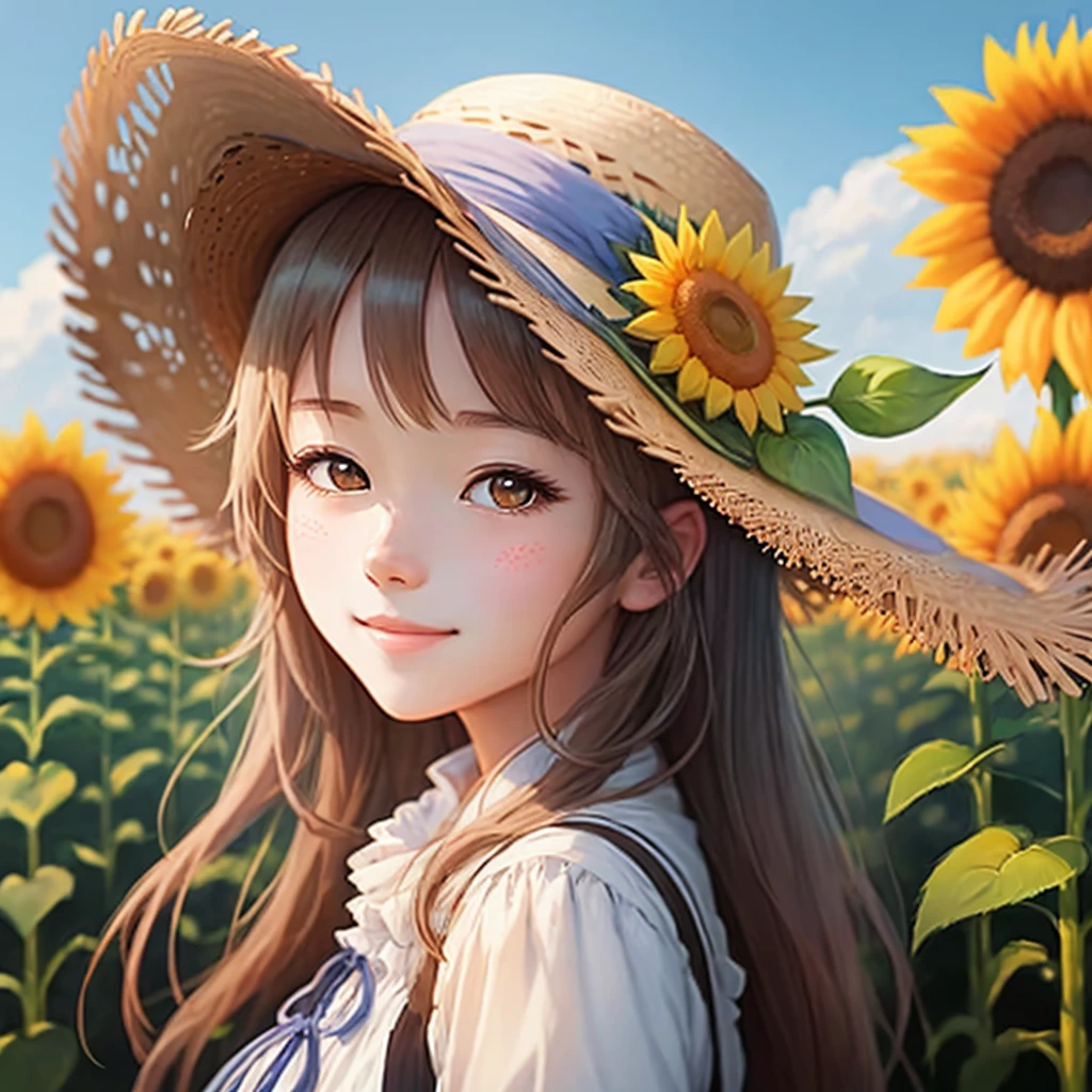 Anime girl with sunflower and straw hat in the field, anime manga by Yang J, pixiv, fantasy art, beautiful anime girl with sunflower, wearing a straw hat, guweiz style artwork, super high resolution, kawaii realistic portrait, realistic cute girl drawing, sweet smile, beautiful anime portrait, cute art style, beautiful character drawing, detailed portrait of anime girl, cute anime girl portrait. Details are enhanced.