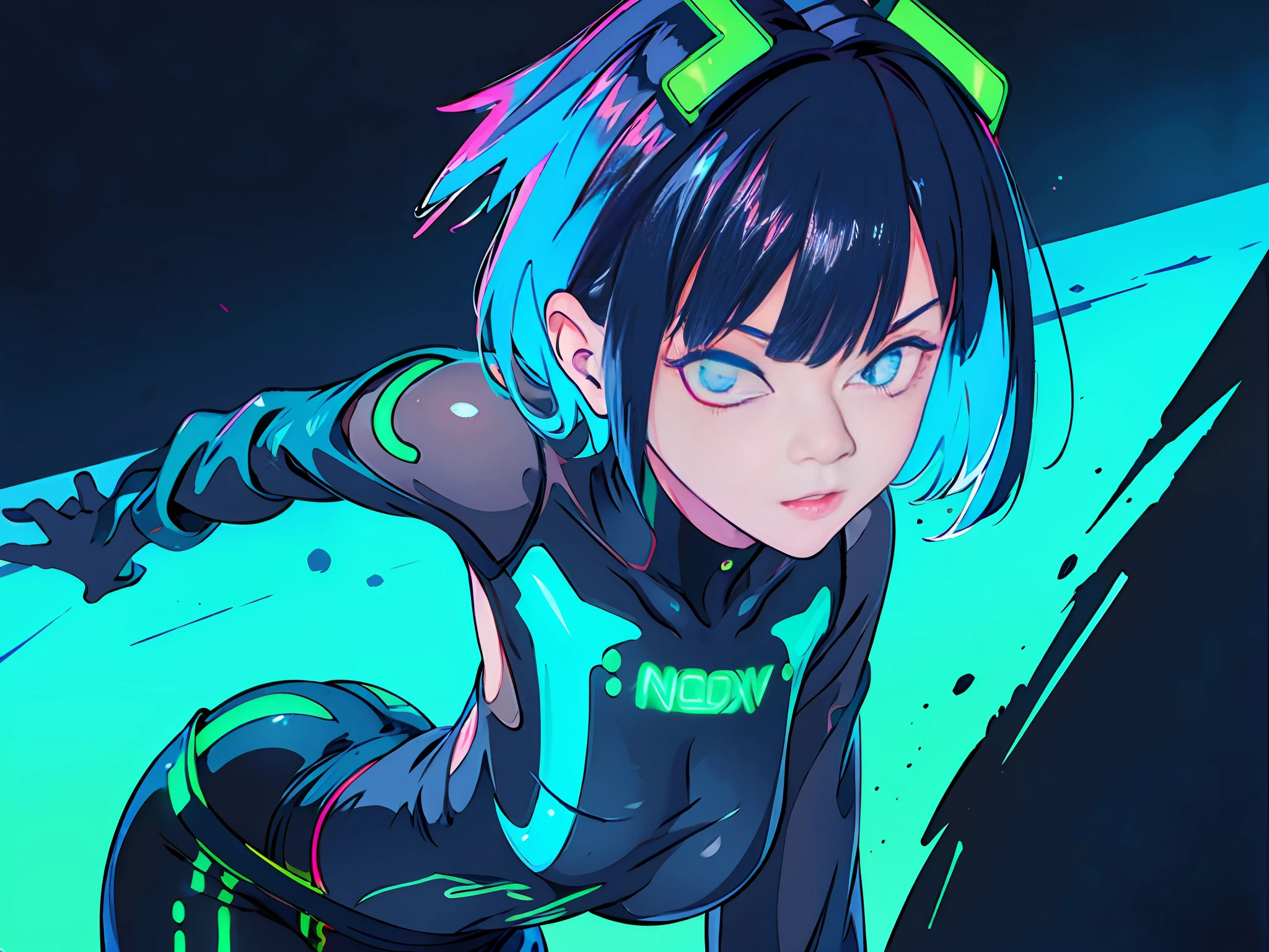 very dark navy background, dynamic angle, flat color, full body, graffiti, splash paint, 1girl, synth wave, cyan short hair, hot pants, detailed eyes, sharp pupils, realistic pupils, depth of field, bokeh, ((neon, glow:1.3))