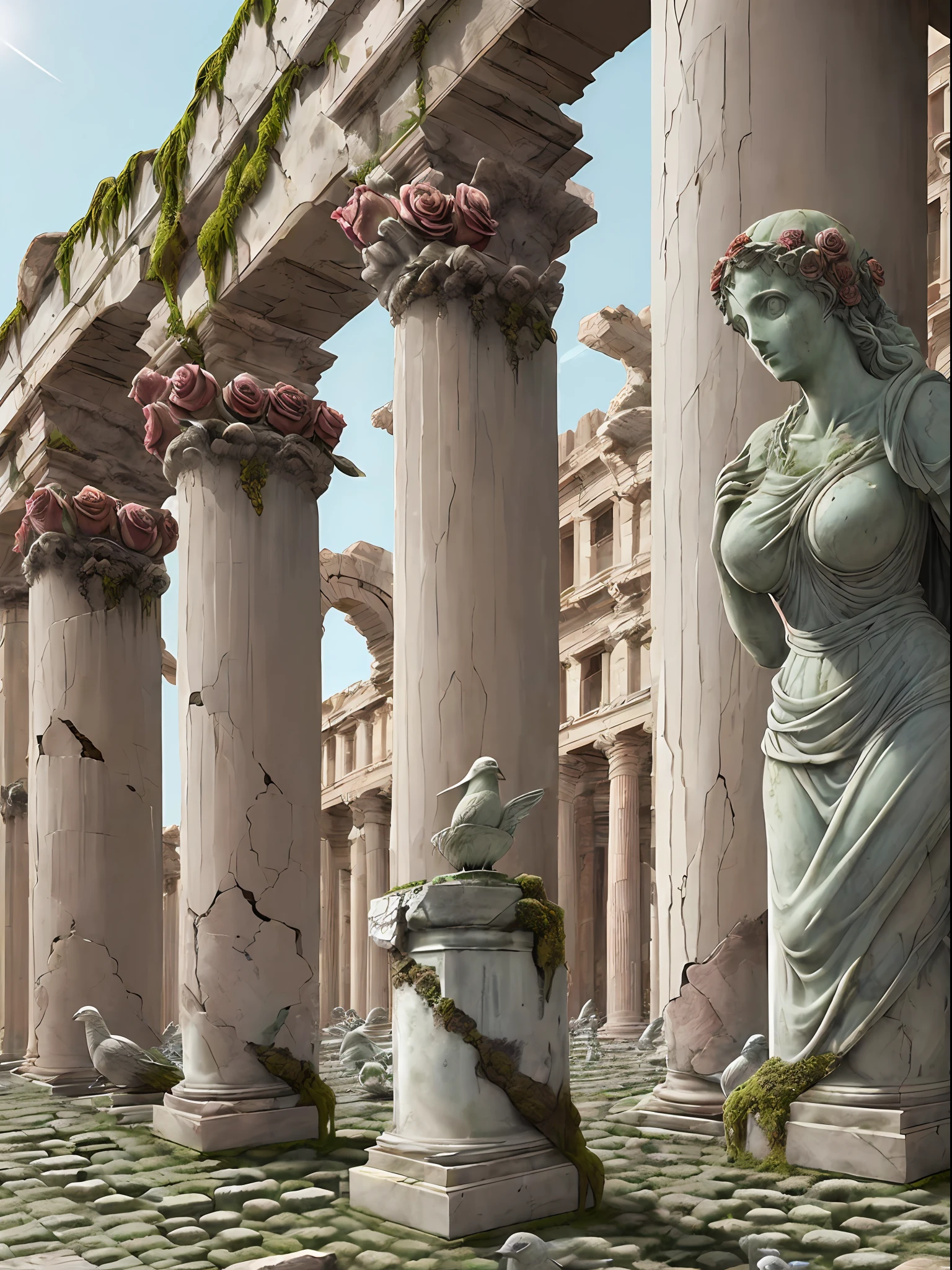 ((Giant rose statue)) ((cracks)), very old, old dust, background of Roman columns, petrified birds, petrified dry moss, muted and faded colors, to emphasize the seriousness of the scene, dead birds, petrified beetles, sunlight