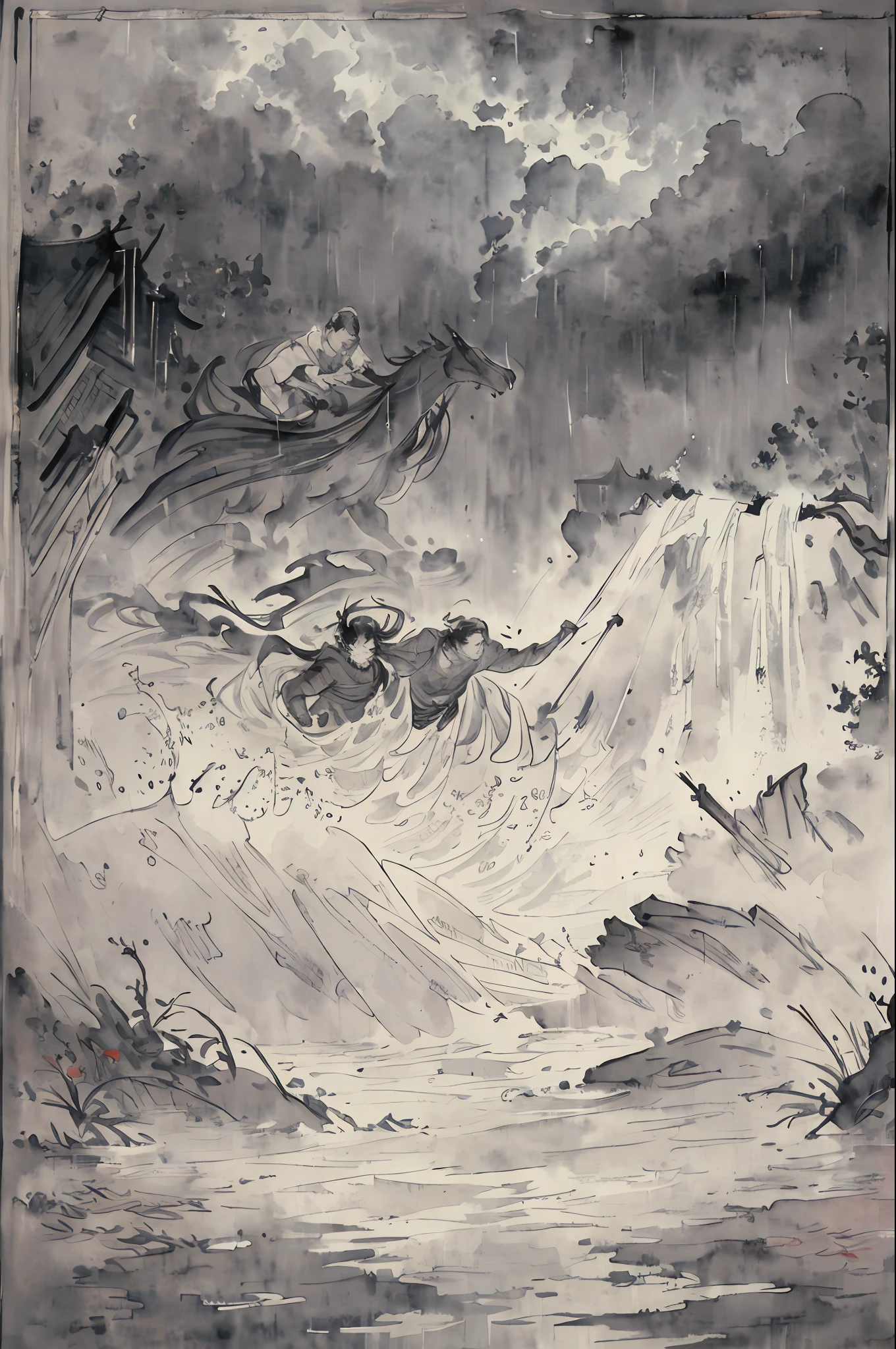 A gentleman heroically rescues a family from a flood, amidst the rushing waters and pouring rain. (best illumination, dynamic angle, high contrast, dramatic atmosphere, watercolor, heroic vibe)