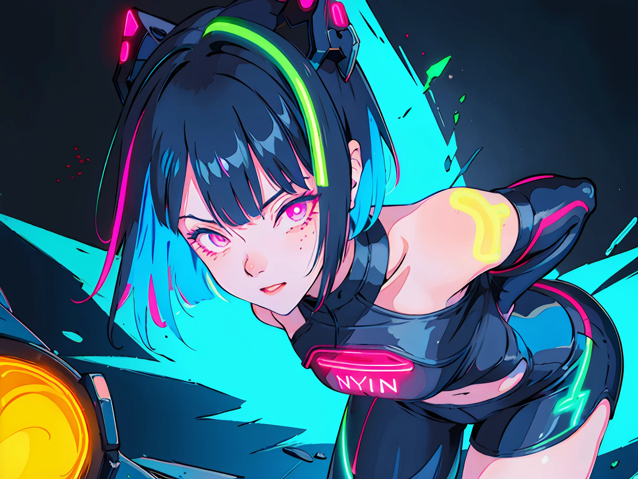 very dark navy background, dynamic angle, flat color, full body, graffiti, splash paint, 1girl, synth wave, cyan short hair, hot pants, detailed eyes, sharp pupils, realistic pupils, ((neon, glow:1.3))