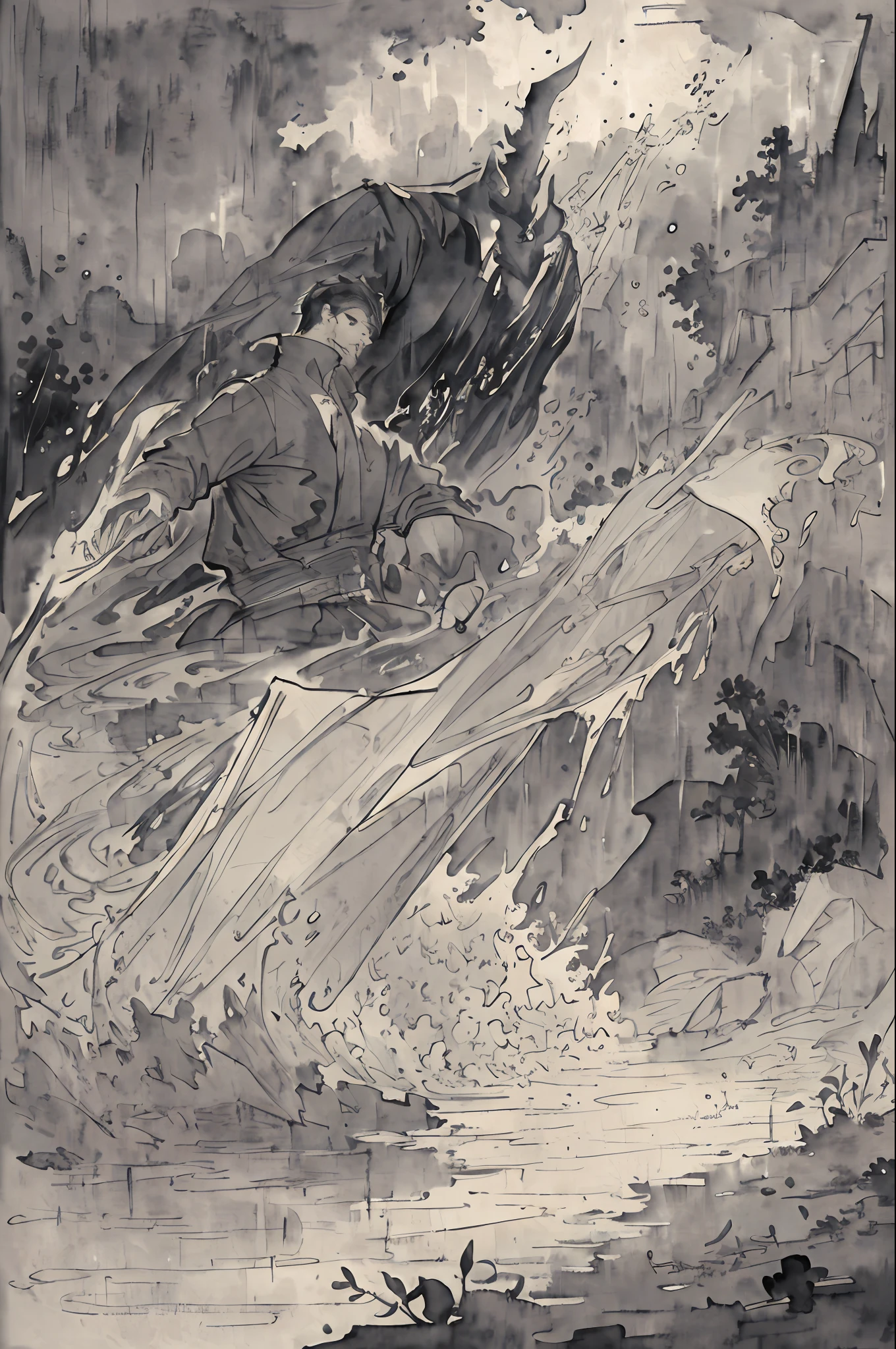 A gentleman heroically rescues a family from a flood, amidst the rushing waters and pouring rain. (best illumination, dynamic angle, high contrast, dramatic atmosphere, watercolor, heroic vibe)