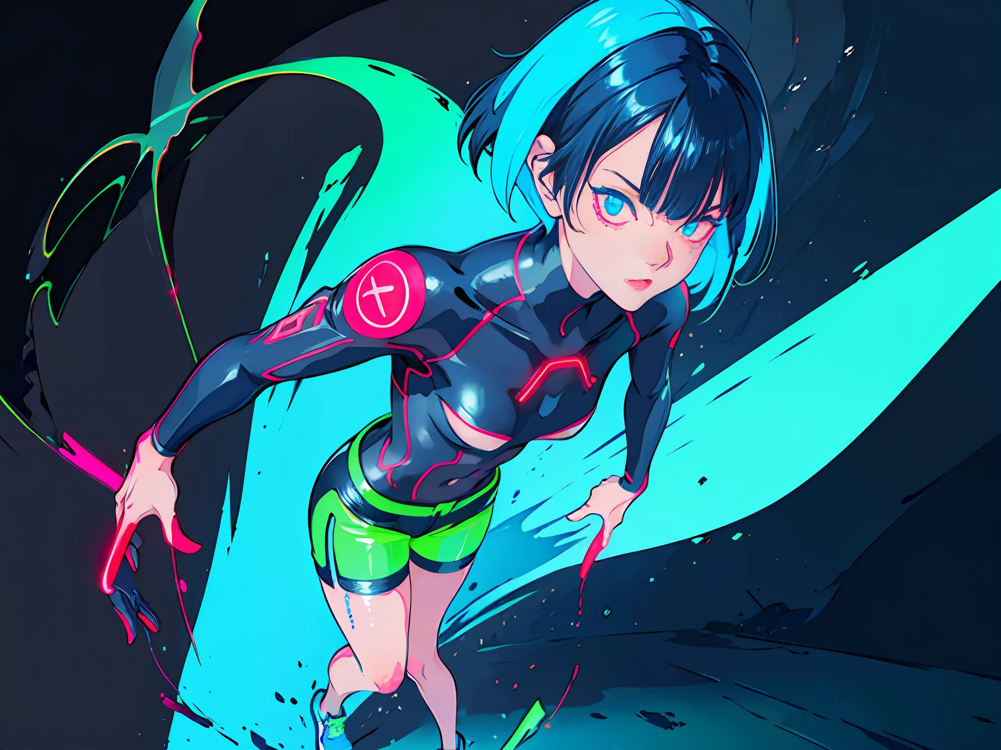 very dark navy background, dynamic angle, flat color, full body, graffiti, splash paint, 1girl, synth wave, cyan short hair, hot pants, detailed eyes, sharp pupils, realistic pupils, ((neon, glow:1.3))