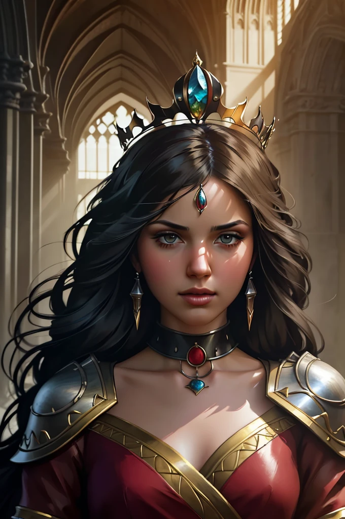 modelshoot style, (extremely detailed CG unity 8k wallpaper), full shot body photo of the most beautiful artwork in the world, medieval queen, green vale, dark skin, black woman, golden crown, diamonds, medieval architecture, professional majestic oil painting by Ed Blinkey, Atey Ghailan, Studio Ghibli, by Jeremy Mann, Greg Manchess, Antonio Moro, trending on ArtStation, trending on CGSociety, Intricate, High Detail, Sharp focus, dramatic, photorealistic painting art by midjourney and greg rutkowski
