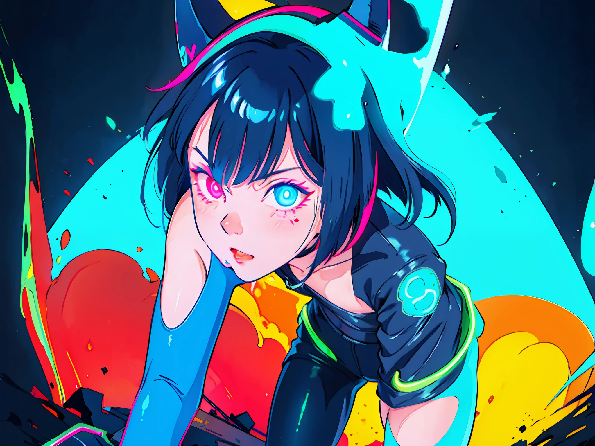 very dark navy background, dynamic angle, flat color, full body, graffiti, splash paint, 1girl, synth wave, cyan short hair, hot pants, detailed eyes, sharp pupils, realistic pupils, ((neon, glow:1.3))