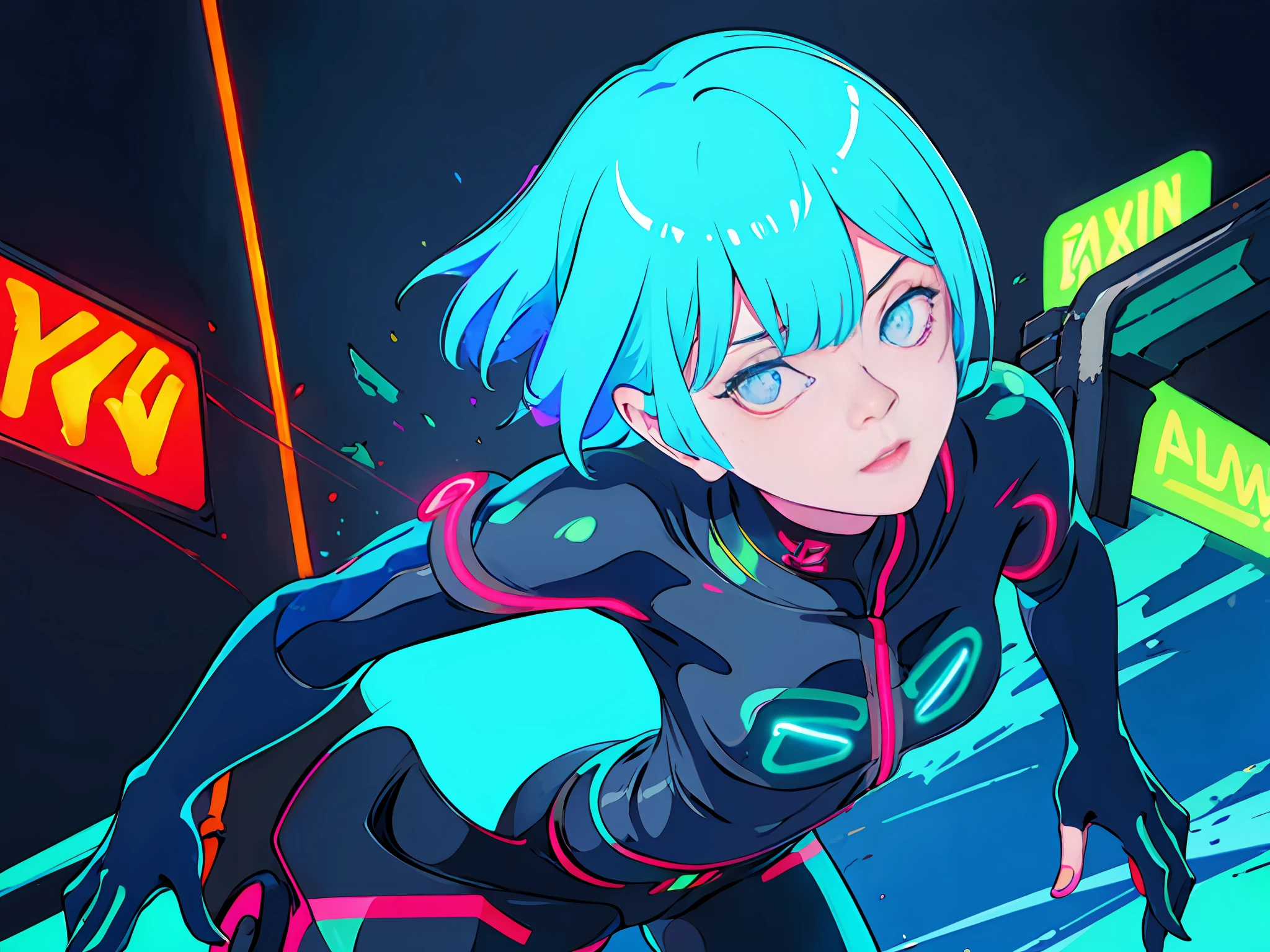 very dark navy background, dynamic angle, flat color, full body, graffiti, splash paint, 1girl, synth wave, cyan short hair, hot pants, detailed eyes, sharp pupils, realistic pupils, ((neon, glow:1.3))