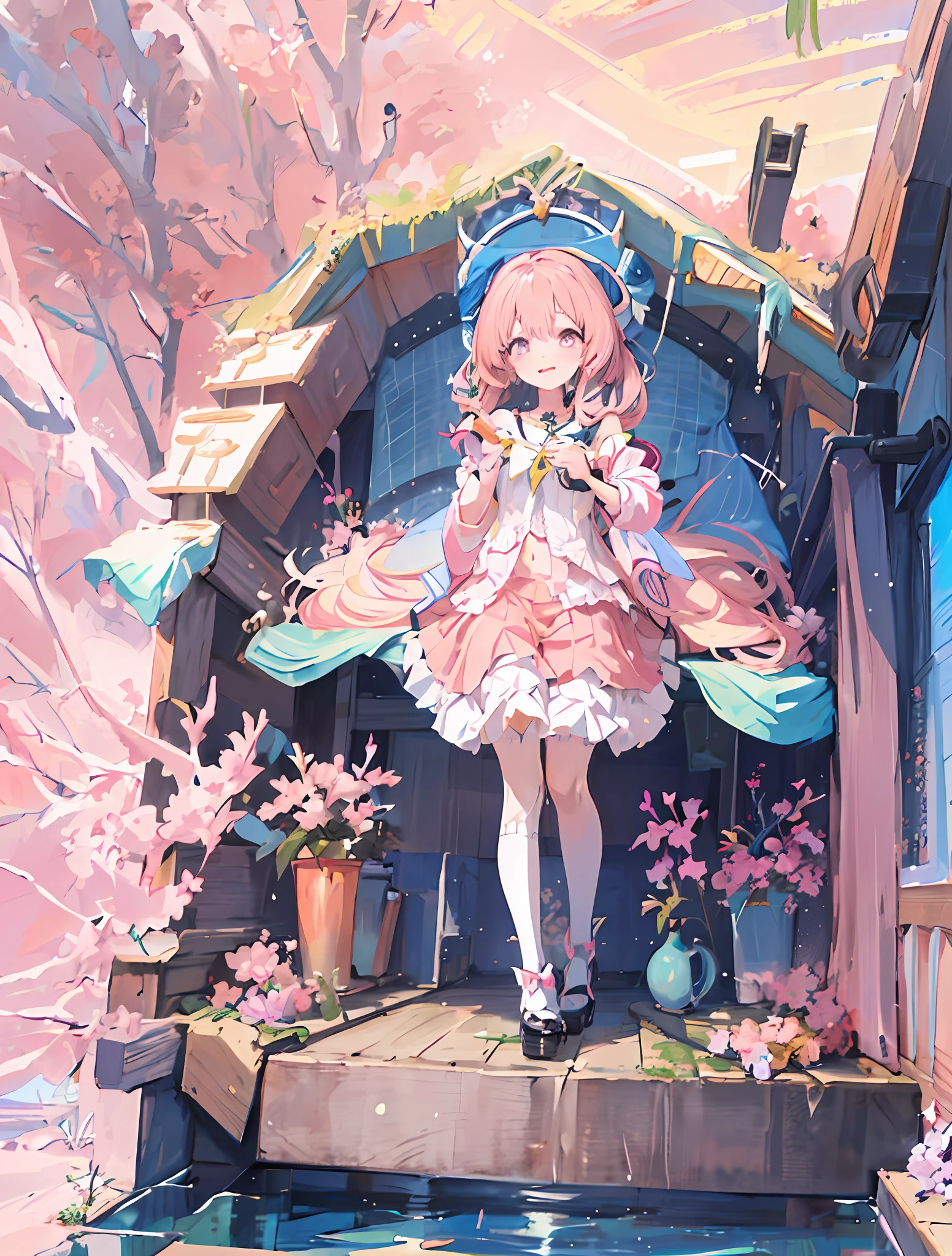 anime - style painting of a woman in a pink dress standing on a stage, splash art anime , anime fantasy illustration, digital art on pixiv, anime art wallpaper 8 k, anime art wallpaper 4 k, anime art wallpaper 4k, anime fantasy artwork, anime style 4 k, beautiful anime artwork, anime styled digital art, loli