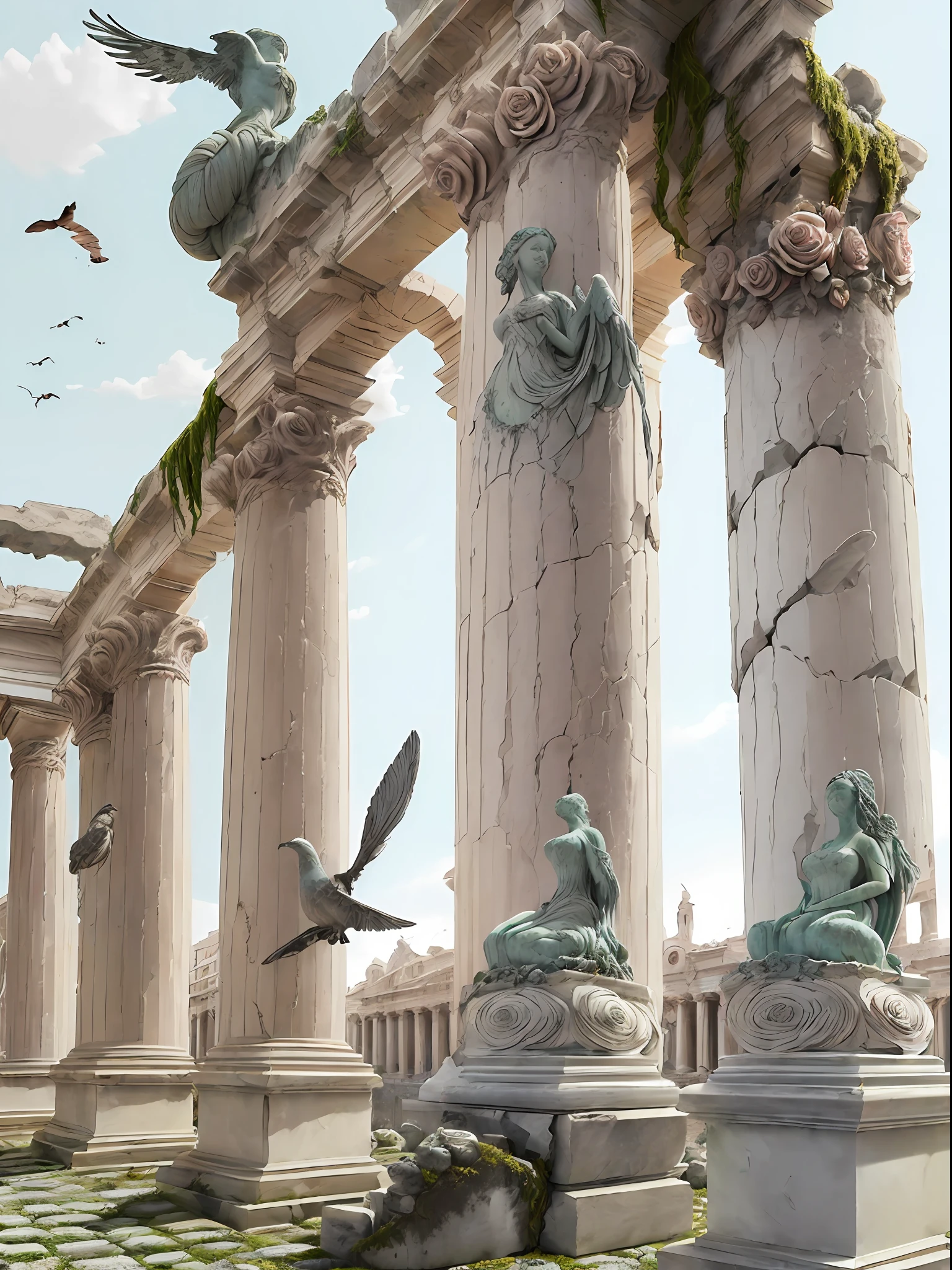 ((Giant rose statue)) ((cracks)), very old, old dust, background of Roman columns, petrified birds, petrified dry moss, muted and faded colors, to emphasize the seriousness of the scene, dead birds, petrified beetles, sunlight