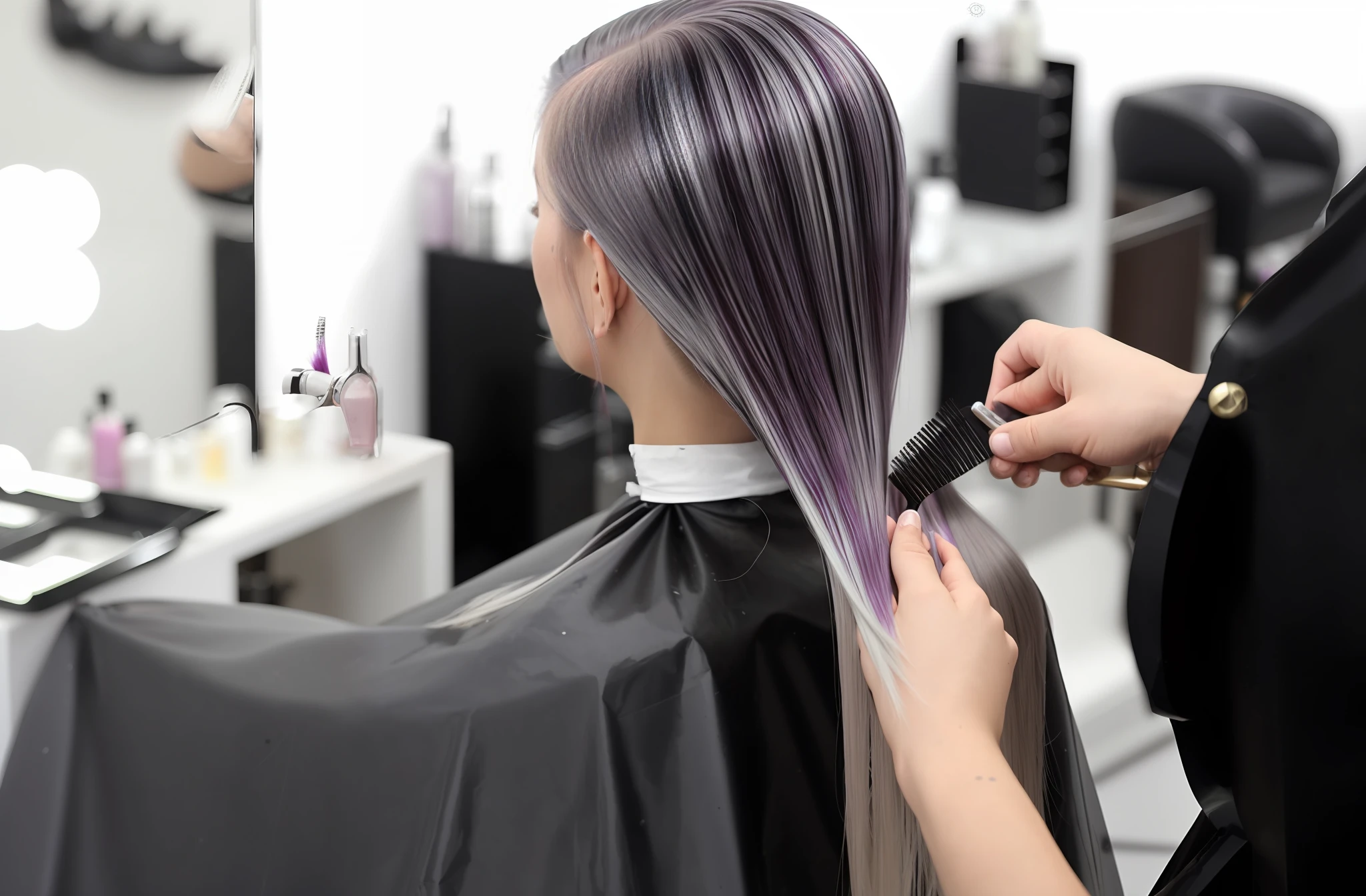 Hair dyeing in salon hairdresser, split ends hair dye, hair coloring, thin shiny hair, split ends, long hair, hair detail